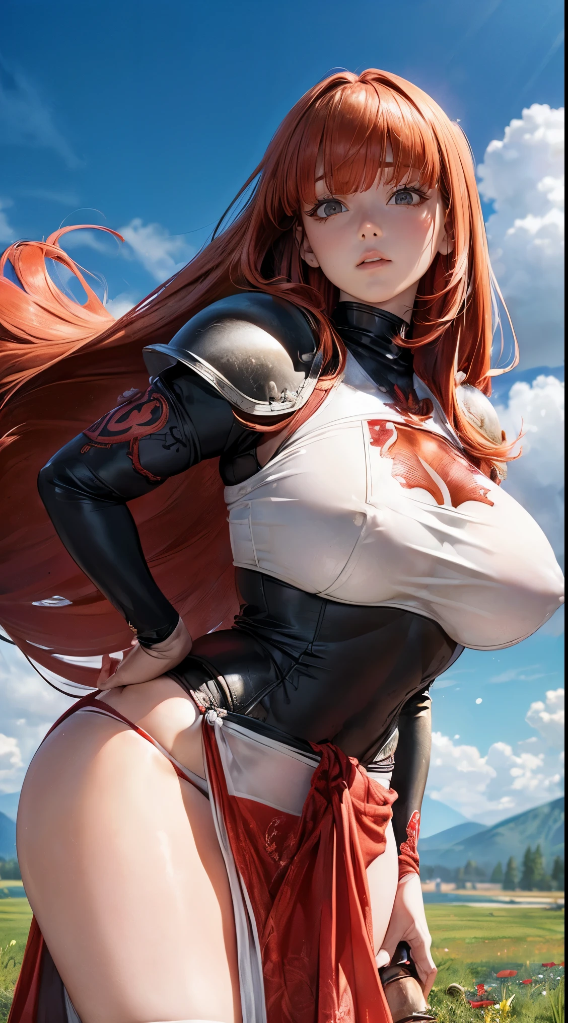 ((from below:1.2),(looking at viewer:1.8)),(1girl,(curvy:1.2),,beautiful breasts,(large breasts:1.5),pale skin,pointy breasts,(erect nipples),sweat),((clothed:1.8),leather boots,leather gauntlet,(carbon armor:1.5),(red embroidered white rash guard:1.5),(long silk sarong:1.5))),(((realistic),high resolution,best quality,masterpiece)),((extra long hair:1.5),hair blowing in the wind,blunt bangs,(extra light coppery red hair),hair over one eye),get down on one knee,(leaning forward),Brave stance,(water,(meadow:1.2))