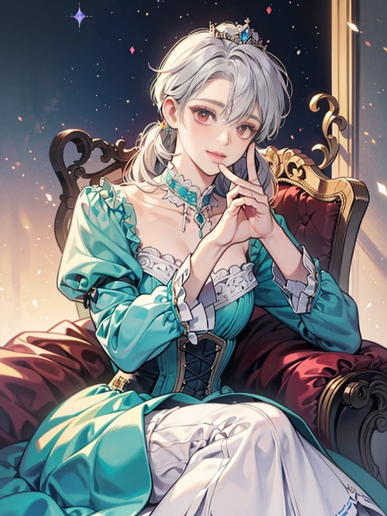 (masterpiece, a couple, high quality, best quality) Princess of Chaiza who has a straight hair but curled ends, and middle and straight bangs, her eyes is shiny blue aquamarine and her hair is pastel blonde shiny shimmering splendid hair. smile cutely and her dress is pastel lolita dress, her hair has a princess crown. she's sit on princess chair near window and her finger is touch the face of male lead, his hair is shiny white silver and his eyes is ruby red eyes. the male lead is wear the emperor crown