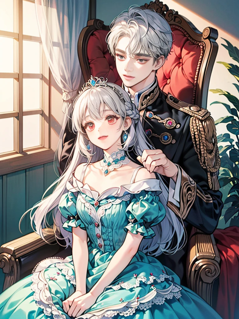 (masterpiece, a couple, high quality, best quality) Princess of Chaiza who has a straight hair but curled ends, and middle and straight bangs, her eyes is shiny blue aquamarine and her hair is pastel blonde shiny shimmering splendid hair. smile cutely and her dress is pastel ta dress, her hair has a princess crown. she's sit on princess chair near window and her finger is touch the face of male lead, his hair is shiny white silver and his eyes is ruby red eyes. the male lead is wear the emperor crown