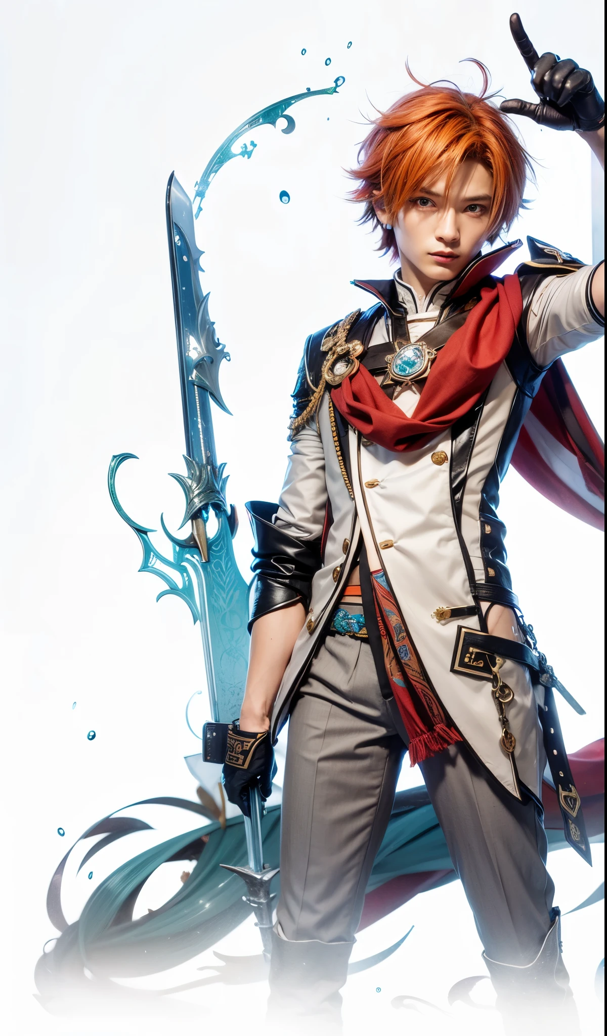 Tartaglia, genshin impact, liyue, male, orange hair with red accessory, blue eyes, white gray top, gray trouser, red scarf, water blue sword, black glove