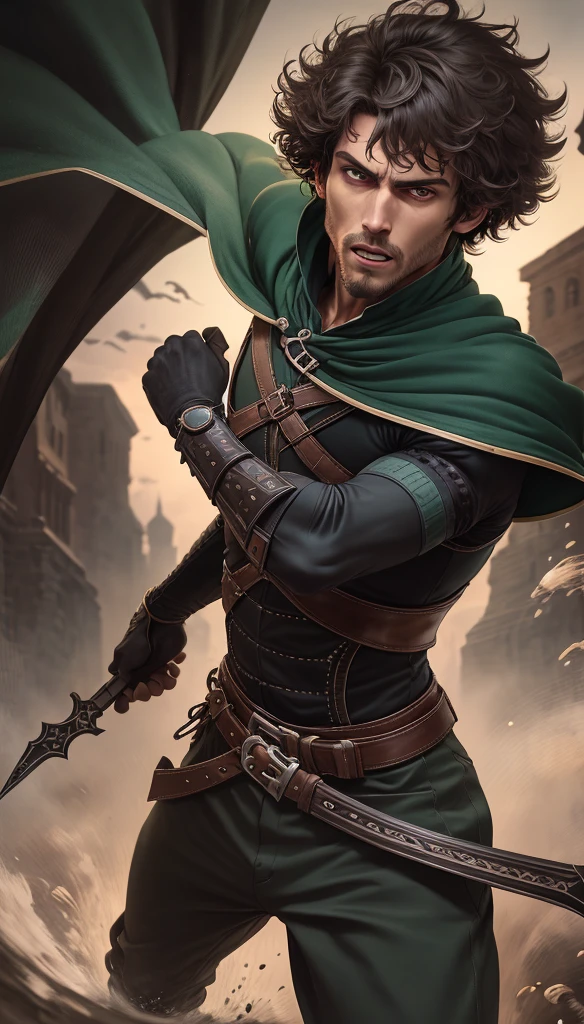 1guy, solo, short hair, pixie cut, curly hair, bright skin, (chocolate hair), Brown eyes, medieval, adventurer, fantasy, anger, dark glowing dagger, Dark colors, trousers, White shirt, (quilted armor), closed clothing, dark green cloak, a hood on his head, Attacks, in move, nature