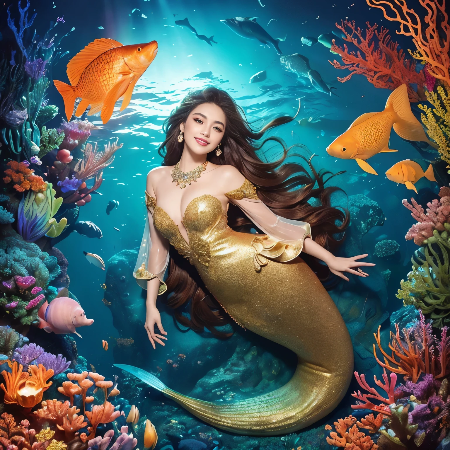 (highest quality、table top、8K、best image quality、hyper realism)、(Mermaid goddess wearing the most extravagant and extravagant finest goddess dress:1.2)、(Mermaid wearing the most extravagant and luxurious finest goddess dress:1.2)、(The most luxurious and finest transparent sleeve:1.1)、(A mermaid goddess swimming in the beautiful and luxurious deep sea rocks....:1.2)、(Extremely complex and detailed ocean depictions:1.1)、(There are many beautiful small tropical fish and corals in the sea........:1.1)、(The most luxurious and fantastical orange glowing ocean floor:1.3)、(Vibrant ocean floor sparkling with mysterious orange and gold:1.3)、(Detailed depiction of the beautiful ocean:1.1)、(Unimaginably beautiful and mysterious underwater depictions:1.1)、(Beautiful authentic glowing pink and red gradient scale:1.3)、(Mermaid goddess swimming in a beautiful rocky area in the deep sea Upper body photo:1.1)、(accurate beautiful mermaid tail:1.1)、Beautiful sea that shines intricately、Clear and detailed background,、(accurate anatomy:1.1)、(The most luxurious and finest jewelry decoration:1.1)、golden decoration、the most gorgeous goddess sleeves、the most luxurious decoration、large amount of intricate gemstones、beautiful brown hair、Highly detailed glowing pink and red gradient scale、(最も贅沢でhighest qualityの巨大ティアラ:1.1)、(;that'It's very vivid, Fantastic and mysterious:1.2)、(最も贅沢でhighest qualityのジャイアントネックレス)、Beautiful sparkling pink and red mermaid gradation tail、perfect makeup、(the best smile when you look at me:1.2)、(A very magical, glittering and vivid deep sea:1.2)