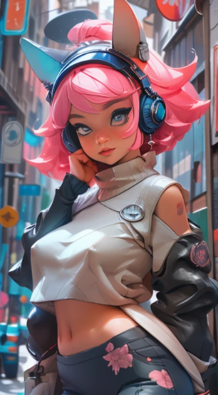 (Best quality), (masterpiece), (realistic) and ultra-Detailed photo of cute 1 nerdy girl in futuristic neon headphones with plastic fox ears on them, She has a (fluffy pink hair), is wearing an leather (unbuttoned) pink-Black racing jacket on a naked body, leather tight shorts,  and exudes a ((beautiful and aesthetic)) vibe, ((huge open erect tits)), (erect nippleslips) , open chest, open tummy, sexy body , detailed pupils and iris of eyes, long eyelashes, Embarrassed and lustful smile,ctmp