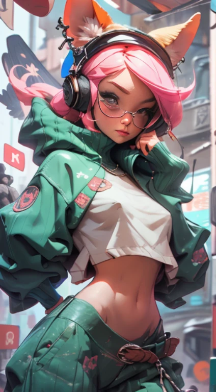 (Best quality), (masterpiece), (realistic) and ultra-Detailed photo of cute 1 nerdy girl in futuristic neon headphones with plastic fox ears on them, She has a (fluffy pink hair), is wearing an leather (unbuttoned) pink-Black racing jacket on a naked body, leather tight shorts,  and exudes a ((beautiful and aesthetic)) vibe, ((huge open erect tits)), (erect nippleslips) , open chest, open tummy, sexy body , detailed pupils and iris of eyes, long eyelashes, Embarrassed and lustful smile,ctmp