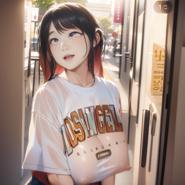 「highest quality、masterpiece、An illustration、very delicate and beautiful、very detailed、cg、8k wallpaper、wonderful、small details、masterpiece、最高の究極の芸術very detailed cg Unity 8k wallpaper」、japanese girl、(((huge breasts 1:1)))、(((Super Big 1:2)))、(((Pee)))、(((I can see your nipples)))、(((I can see your breasts)))、(((black hair)))、(((white t-shirt)))、(((smile)))