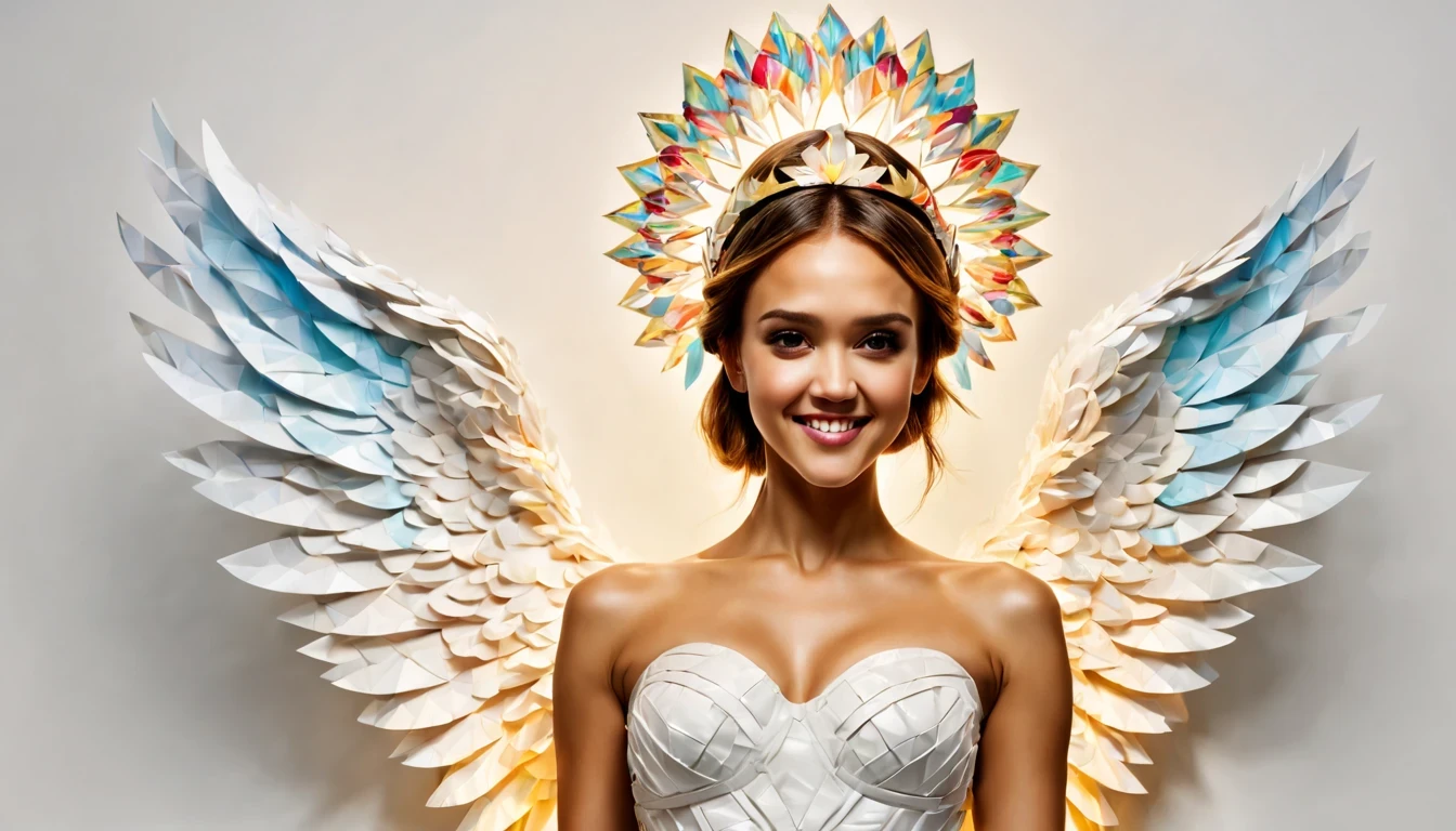 (full-body shot:1.4), White background, (1 angel girl, (Jessica Alba), (22 anos), shining wings, halo, exquisite headdress, smile), (paper art, Quilted paper art, geomerty), (extremely colorful, Best quality, high detailed, Masterpiece, Cinematic Lighting, 4K, Chiaroscuro)