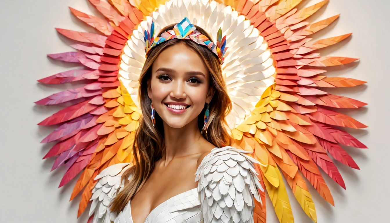 (full-body shot:1.4),  White background, (1 angel girl, (Jessica Alba), (22 anos), shining wings, halo, exquisite headdress, smile), (paper art, Quilted paper art, geomerty), (extremely colorful, Best quality, high detailed, Masterpiece, Cinematic Lighting, 4K, Chiaroscuro)