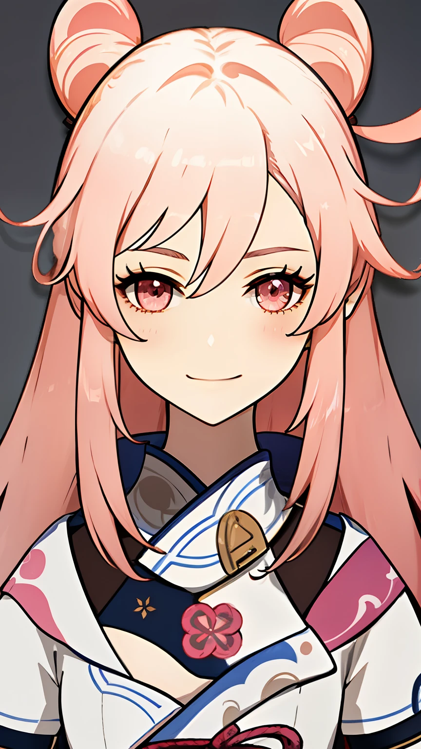 Haute qualité, primé, haute résolution, 8K, genshin impact, girl, long fluffy pink brown hair, smile, kind face, Pyro, inazuma, pink Detailed Outfit 