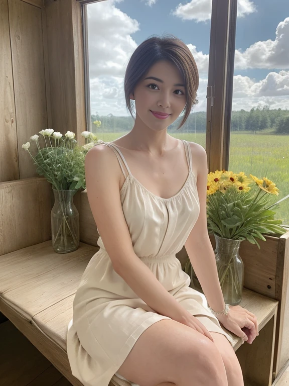 ((best quality, 8K, master piece:1.3)),concentrated:1.2, 40 year old female，Perfect S-shaped body，（A look of determination）（adorable），delicate face，bob short hair，smile，hair details，Delicate full body depiction，顔のdelicate depiction，best image quality，High resolution，detailed background，delicate depiction，exquisite details，rich in details，face enhancement，(Slip Dress，short skirt)，blue sky and white clouds，sitting among the flowers，Wooden cabin，No bags under the eyes