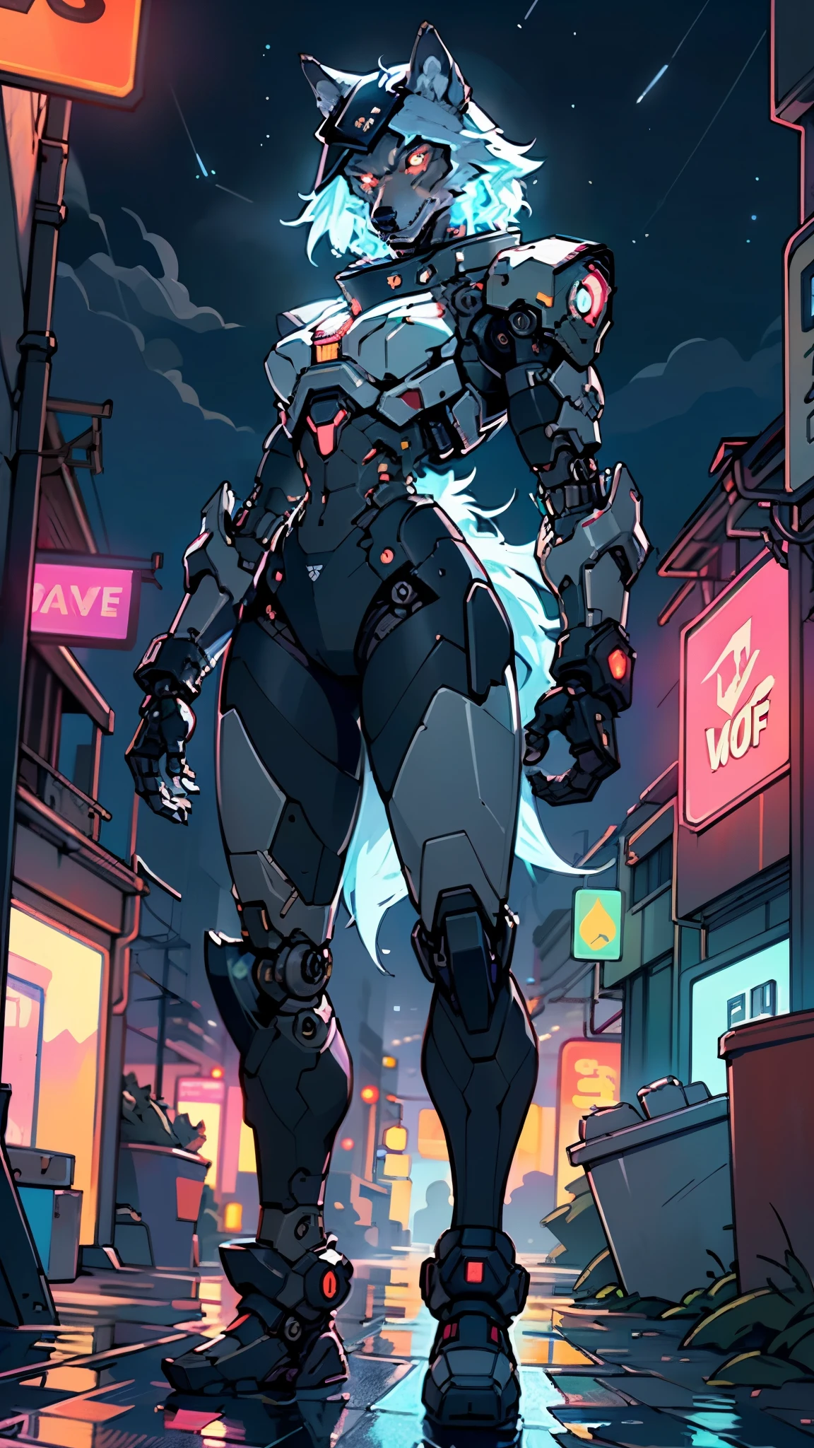 (((A mechanical wolf,cyborg wolf,cyborg-wolf,animal,wolf robot))),no human,detailed wolf,intricate mechanic wolf,robot animal,
epic, highly detailed full body of a gigantic feral mecha canine, sharp metal claws, cannon mounted on back, sleek armor, glowing visor, furry art, zoids art, furaffinity, sofurry,
(dynamic pose:1.0),solo focus,(centered,scale to fit dimensions,Rule of thirds),
cyberpunk city by the ocean at night, with bright neon signs and dark stormy clouds and puddles, scenery:1.25,nighttime, starry night, cosmos,Very dark night that makes the neon lights stand out, very bright neon lights,nighttime, starry night, cosmos,
highres, sharp focus, (ultra detailed, extremely detailed), (photorealistic artwork:1.37),(extremely detailed CG unity 8k wallpaper),((synthwave background theme)),(((vibrant colors))),(intricate background),(masterpiece),(best quality),
