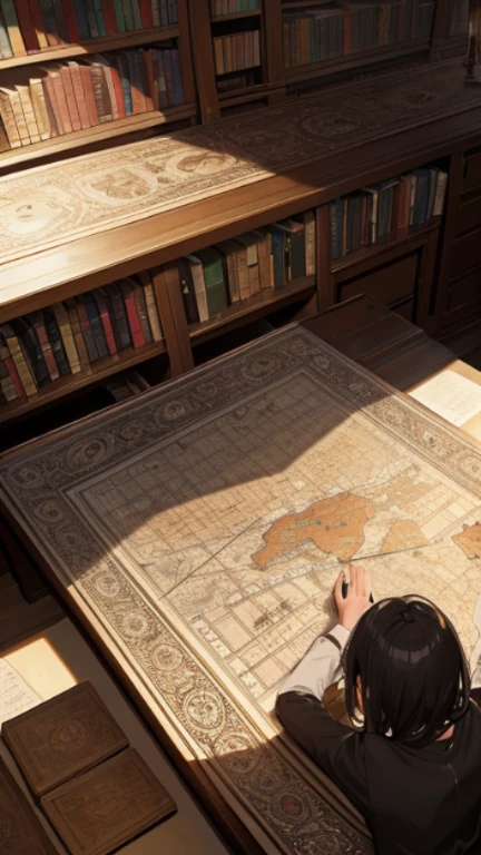 Extreme detail, masterpiece, ancient library, secret map, hidden city, adventurous explorer, mysterious journey, legendary discovery