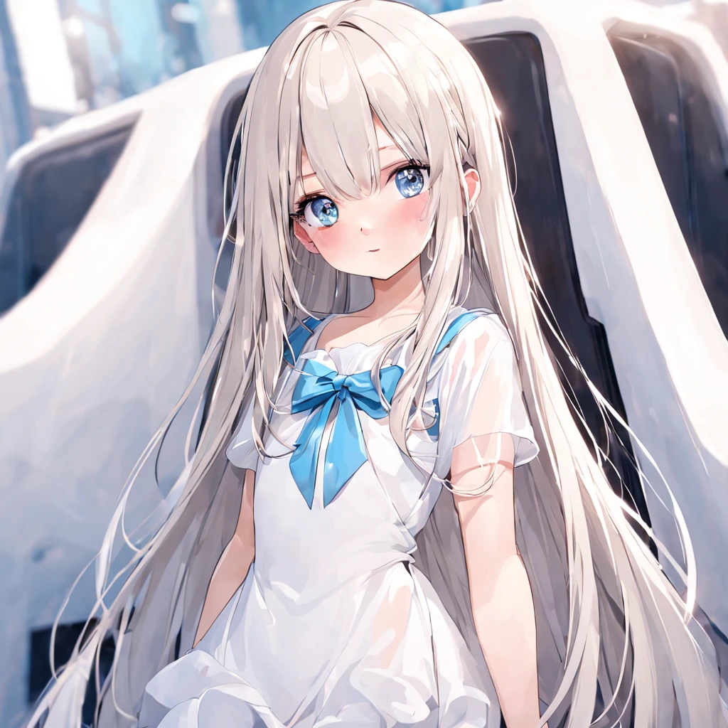 incomparable beauty, Skin is firm and shiny, bangs between eyes, Shiny straight beautiful platinum blonde, Silky Super Long Straight Hair, Eyeliner, Sexy beautiful innocent , HD big big beautiful bright blue eyes, beautiful cute girl, baby face, short sleeves