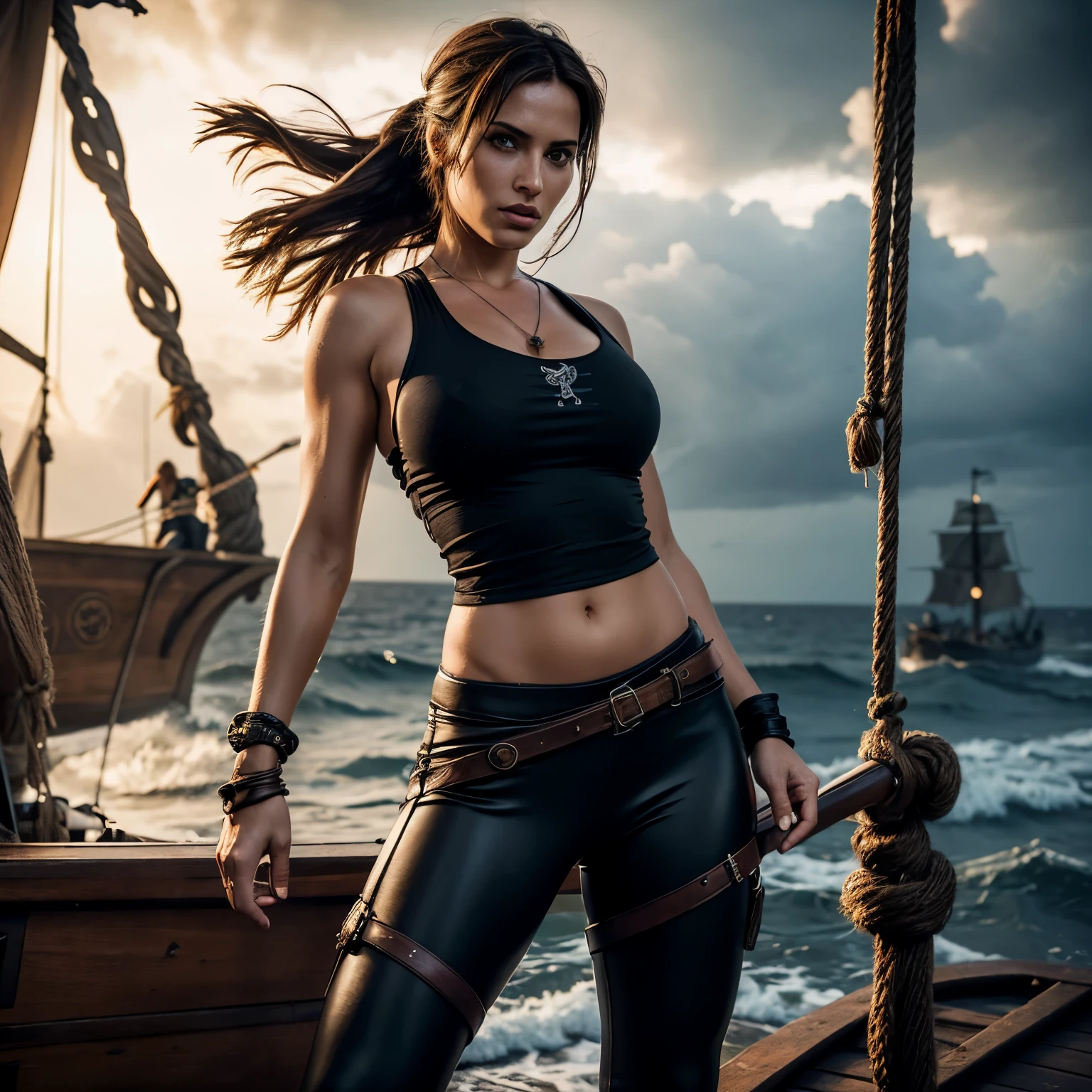 medieval pirate ship offshore in stormy seas setting, ob board with rigging, Lara Croft outfit buccaneer, (Meisterwerk), (best qulaity), (fotorealistisch: 1,3), 8k, detaillierte Hauttextur, beautiful detailed face, komplizierte Details, Sexy Mittelalterliche Lara Croft hair blowing in the wind neckholder top kinky pirate style, sexy leather leggings pirate style, Beautiful Hot Sporty , high heels, skank, dramatic lighting, god ray, dark atmosphere, Foto, correctanatomy