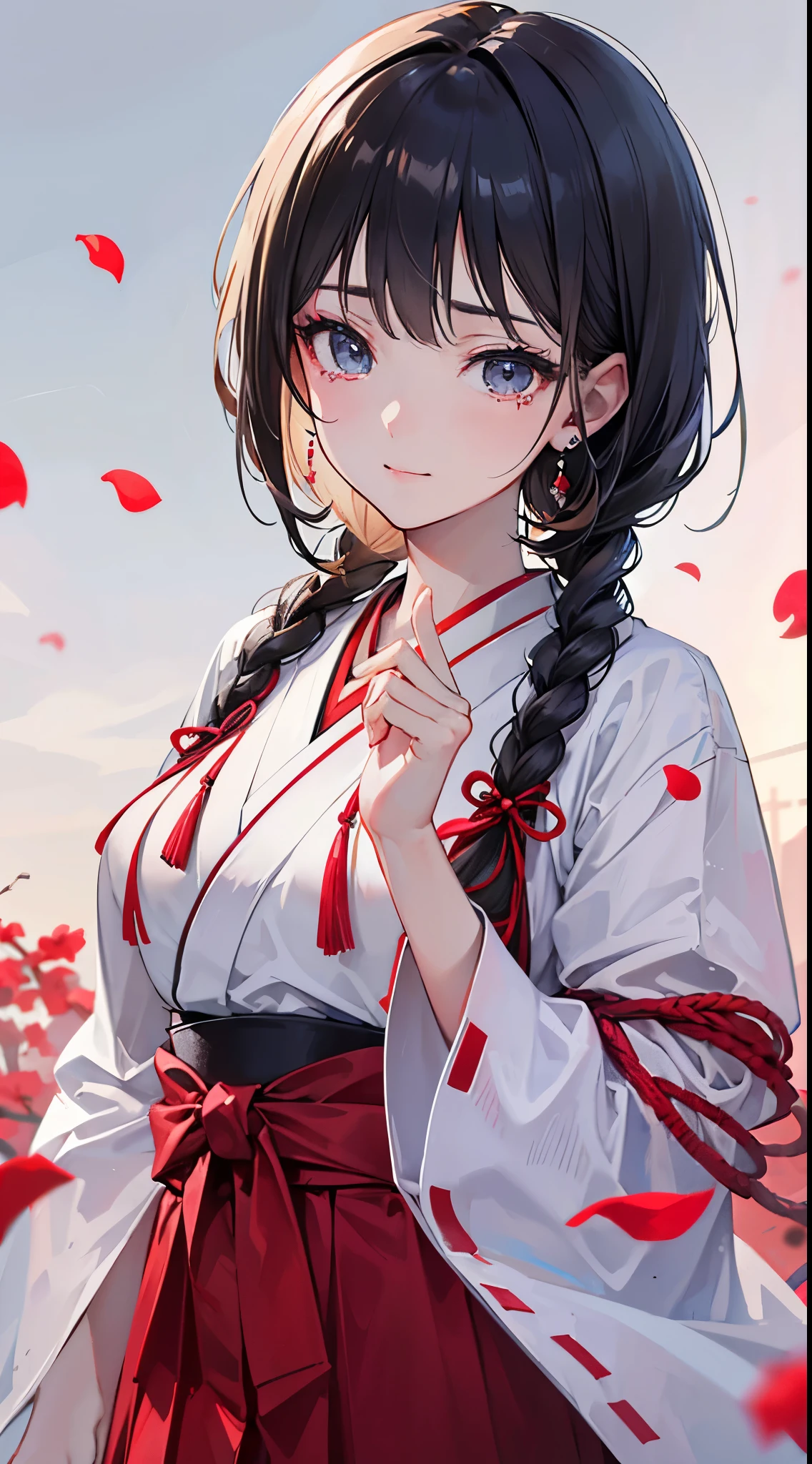 girl，Tears mole，pink nails，white skin，Ruby Earrings，peacefulness，Image of Japanese culture(naginata)， with short black hair, white braids on both sides,teacher's girl，hairpin，Tips are highlighted in white, black eye,white giant eyes，With tears in my eyes，Layering, Conservative classical Japanese martial arts gi，A refreshing smile，tilt your head and laugh，beautiful skin on the neck, Scattered debris. Red silk that is gentle on the body，black and white hakama，ring pattern，Rin々new expression，petals fall，Creates mottled shadows, Her hair flutters in the breeze, A refreshing expression on her face(highest quality,4K,8K,High resolution,masterpiece:1.2), super detailed, (realistic,realistic,realistic:1.37), HDR, hyper hd, studio lighting, Ultra-fine painting, sharp focus, Physically based rendering, extreme details, temple background,