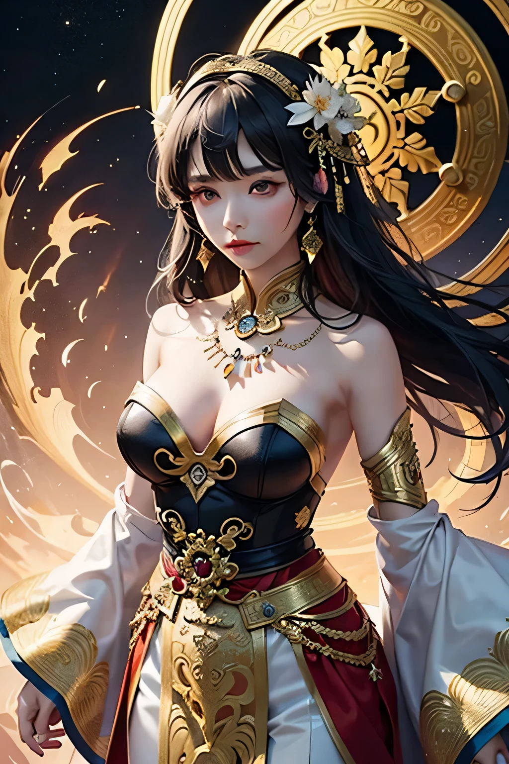 Create a painting using the character Xu in a New Year atmosphere, exuding a strong sense of design. This masterpiece, crafted with top quality and best quality materials, showcases an Official Art style with unity, reaching an 8k resolution for extreme detail and vivid colors. Xu is depicted as a mature figure, dressed in traditional New Year clothing, with a serene expression and soft gaze. intricate zentangle patterns adorn the background, twisting and entangling around Xu, adding an elegant and aesthetically pleasing touch. The use of gold leaf art and glitter drawing brings a sense of luxury and magic to the piece. Xu's body proportion is perfectly balanced, with detailed features such