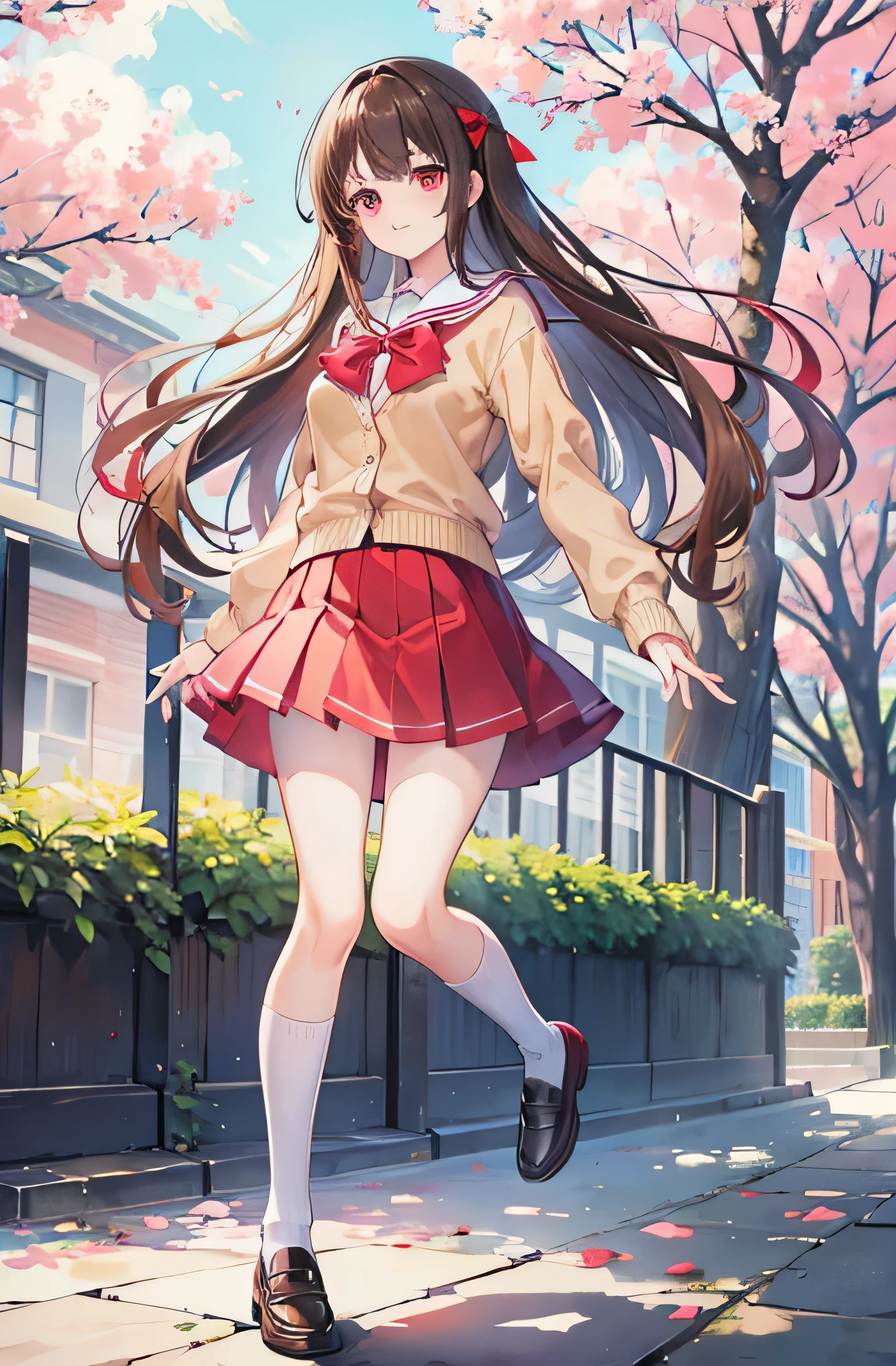 ((Best Quality)), 1girl, ((Nagamori Mizuka)), ((ONE kagayaku kisetsu he)), ((red eyes)), ((long hair)), ((light brown hair)), ((yellow ribbon)), ((ribbon on the back of the hair)), ((school uniform)), ((red skirt)), ((red lace behind skirt)), ((white socks)), ((brown shoes)), ((pink shirt with a red bow)), ((sand colored cardigan sweater)), smiling, full body, outdoors, spring, city