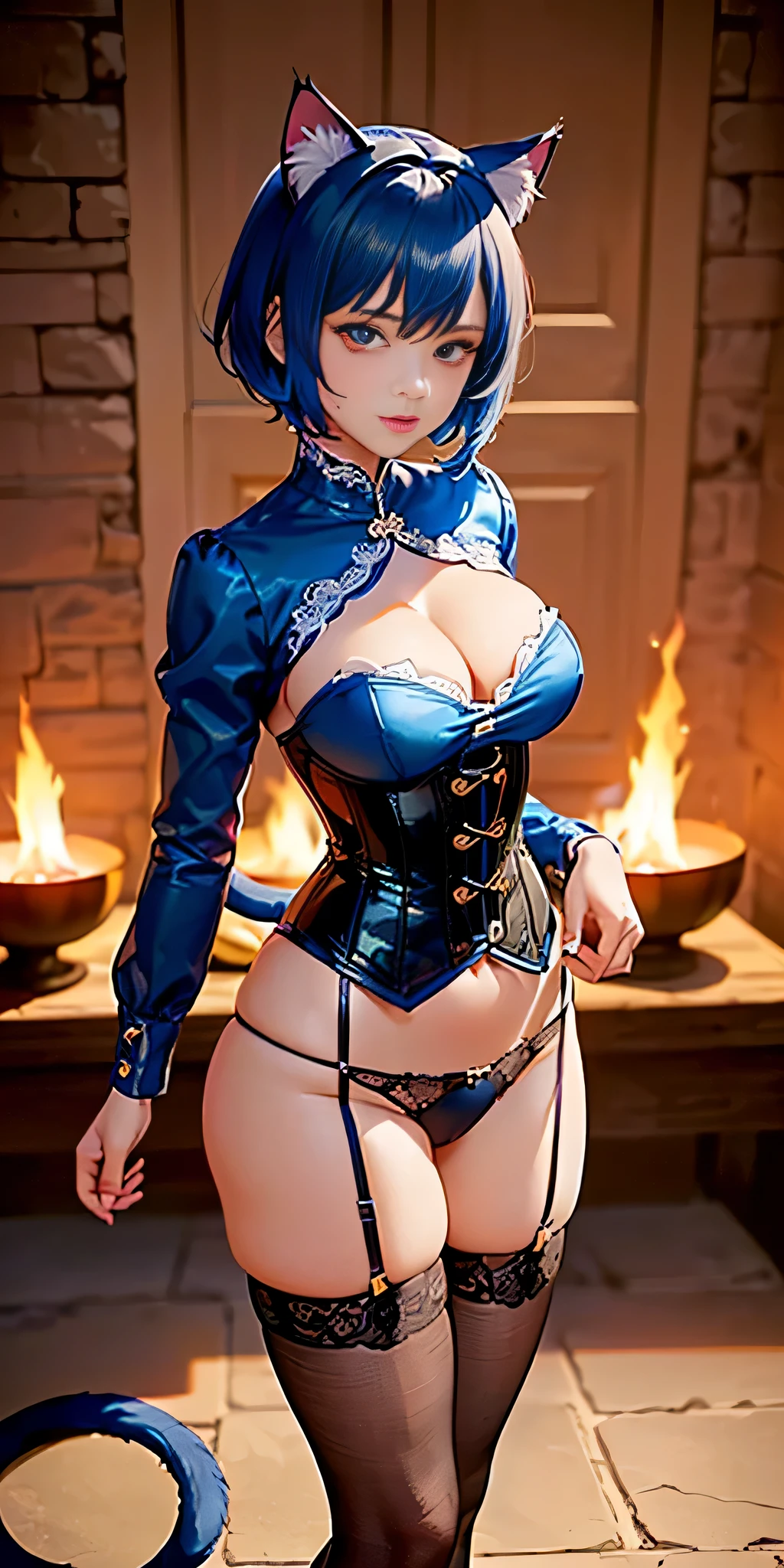 Intricate details: "((a sexy animated lady poses in revealing clothes while in fire-lit fantasy setting, breasts, 1girl 18 years old, animal ears, short hair, panties, black panties, underwear, cat ears, looking at viewer, thighhighs, cleavage, corset, blue hair, string panties)"