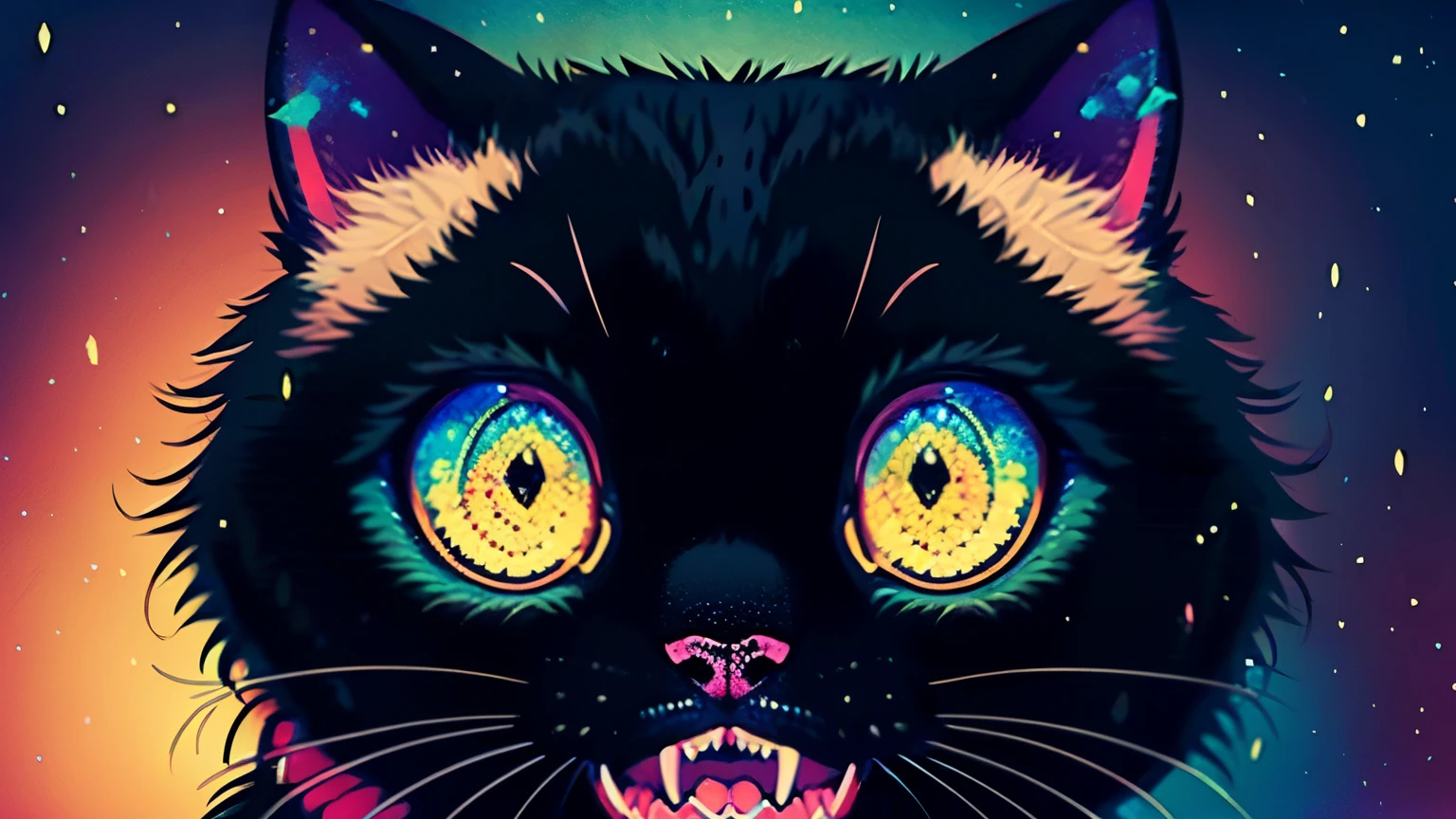 a digital art of a cute black cat, with yellow eyes, happy in colorful mystical forest, ((high quality)), (ultra hd), 4k