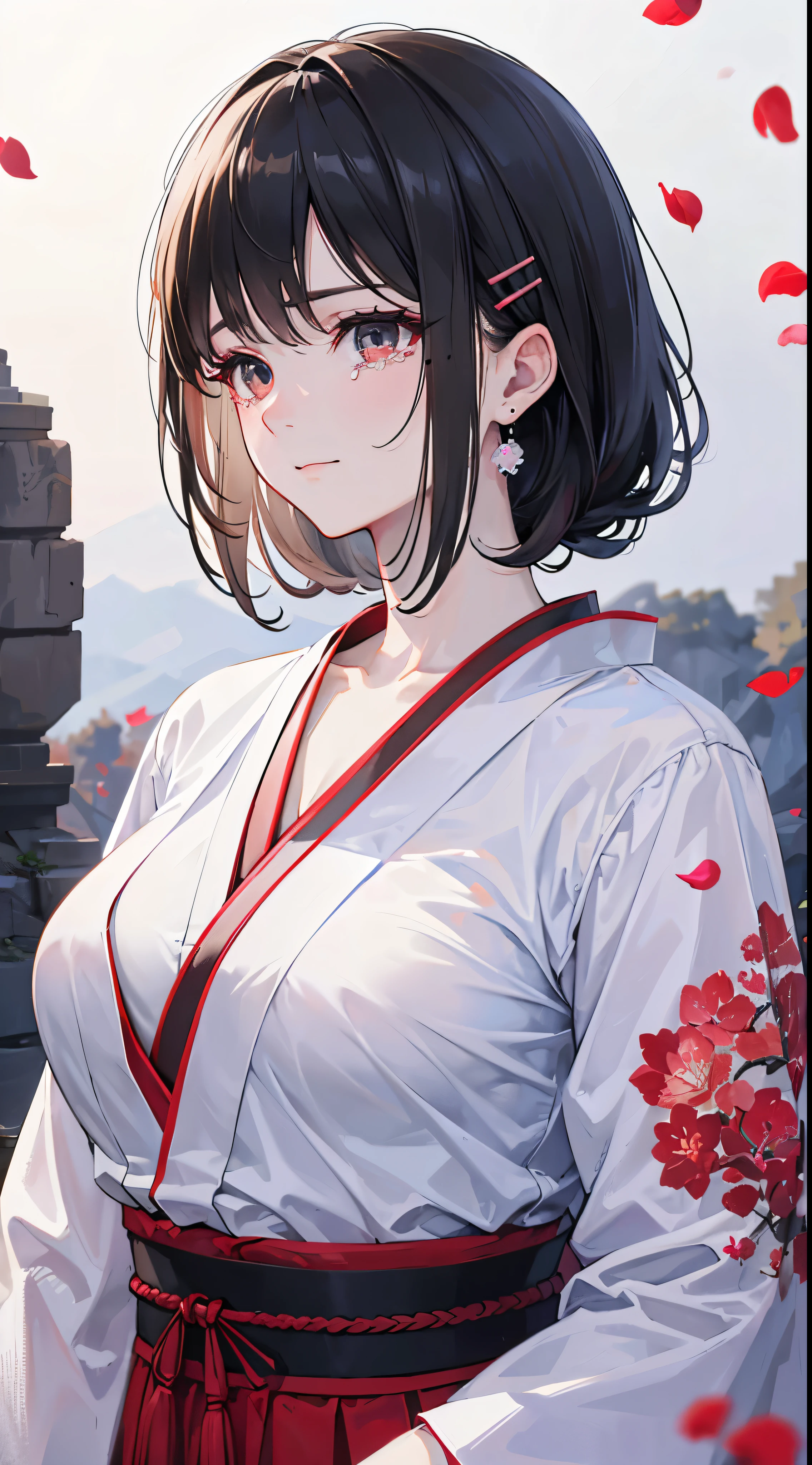 girl,Tears mole,pink nails,white skin,ruby earrings,calmness,Image of Japanese culture(naginata), with short black hair, white braids on both sides,teacher's girl,hairpin,Tips are highlighted in white, black eye,white giant eyes,With tears in my eyes,Layering, Conservative Japanese classical martial arts uniform,refreshing smile,tilt your head and laugh,beautiful skin on the neck, Scattered debris. Body-friendly red silk,black and white hakama,ring pattern,Also々new expression,petals fall,Creates mottled shadows, Her hair flutters in the breeze, Refreshing look(highest quality,4K,8K,High resolution,masterpiece:1.2), Super detailed, (realistic,realistic,realistic:1.37), HDR, hyper hd, studio lighting, Ultra-fine painting, sharp focus, Physically based rendering, extreme details, temple background,