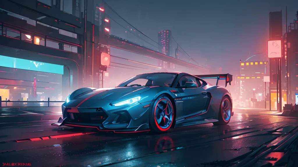 (red sports car, blue headlights, drift driving, car racing), (blue cyberpunk city, blue neon, the background is a cyberpunk-style night view of the city, cyberpunk vibe), (8k, extremaly detailed, lighting like a movie, lense flares)