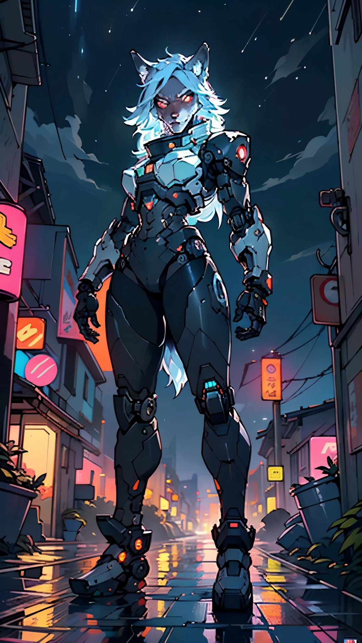 (((A mechanical wolf,cyborg wolf,cyborg-wolf,animal,wolf robot))),no human,detailed wolf,intricate mechanic wolf,robot animal,
epic, highly detailed full body of a gigantic feral mecha canine, sharp metal claws, cannon mounted on back, sleek armor, glowing visor, furry art, zoids art, furaffinity, sofurry,
(dynamic pose:1.0),solo focus,(centered,scale to fit dimensions,Rule of thirds),
cyberpunk city by the ocean at night, with bright neon signs and dark stormy clouds and puddles, scenery:1.25,nighttime, starry night, cosmos,Very dark night that makes the neon lights stand out, very bright neon lights,nighttime, starry night, cosmos,
highres, sharp focus, (ultra detailed, extremely detailed), (photorealistic artwork:1.37),(extremely detailed CG unity 8k wallpaper),((synthwave background theme)),(((vibrant colors))),(intricate background),(masterpiece),(best quality),
