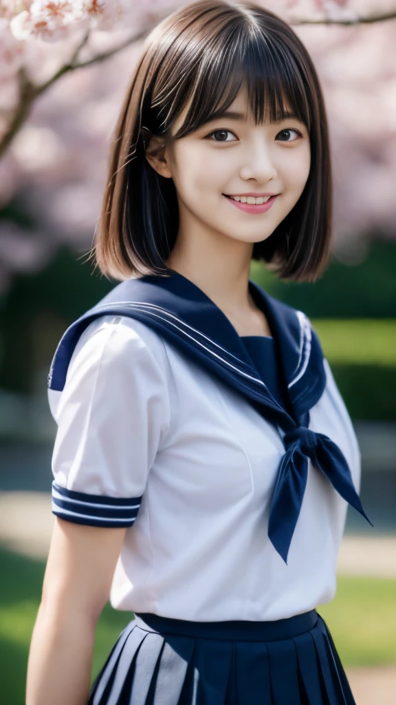 Close up of woman posing for photo, The most beautiful Japanese model, -yeld fee model, 4K、bangs、A dark-haired, slightly longer bob hair, Middle hair, Straight hair、(white shirt, Sailor School Uniform, Dark blue pleated skirt:1.2), (Super cute face in idol style:1.4), upper body, slim and beautiful figure, sexy, beautiful breast, A smile, The background is a row of cherry blossom trees, (RAW photo, best quality, masterpiece, ultra detailed, ultra high res, realistic),