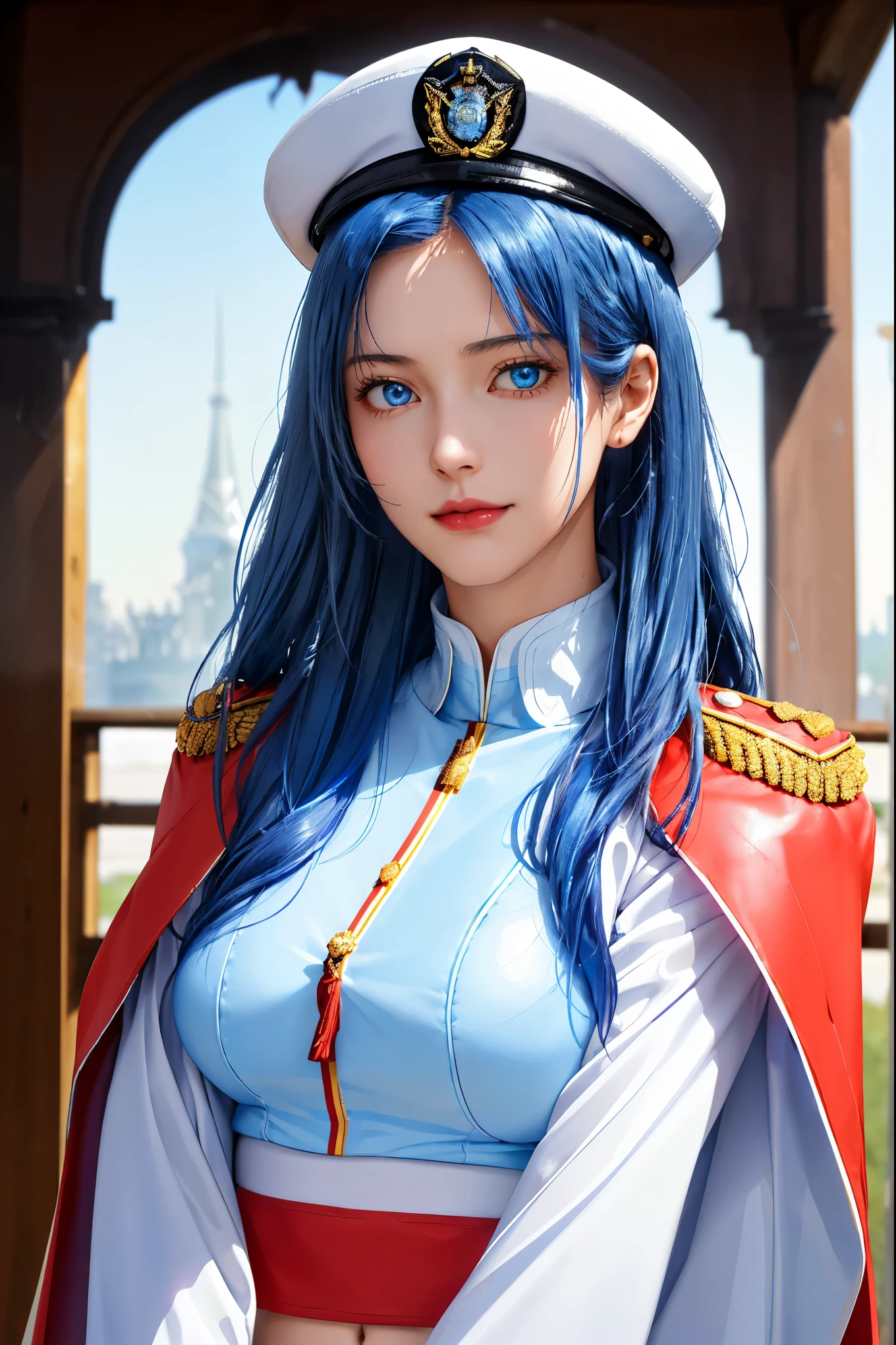 "Top CG, best quality, Smile, Delicate and delicate beautiful girl, Imperial Pope, {{185cm big beauty}}, (High), Royal sister, Military temperament, holy pope, White skin, exposed breasts, long legs, perfect facial features, Bright Eyes, Officer's cap, red lips, Beautiful and cold, {{big breasts}}, beautiful and handsome, long blue hair, Officer epaulettes, Transparent visible skin, {{girl wearing red army coat}}, super detailed, { There are blue lines on the clothes}, Delicate glowing eyes, crop top, White and blue leather clothing, tight leather clothes, 4k quality, Cosmopolitan beauty, modern urban, Realistic portrait,