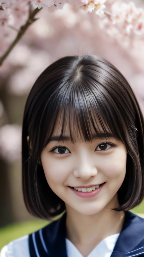 Close up of woman posing for photo, The most beautiful Japanese model, -yeld fee model, 4K、bangs、A dark-haired, slightly longer bob hair, Middle hair, Straight hair、(white shirt, Sailor School Uniform, Dark blue pleated skirt:1.2), (Super cute face in idol style:1.4), upper body, slim and beautiful figure, sexy, beautiful breast, A smile, The background is a row of cherry blossom trees, (RAW photo, best quality, masterpiece, ultra detailed, ultra high res, realistic),