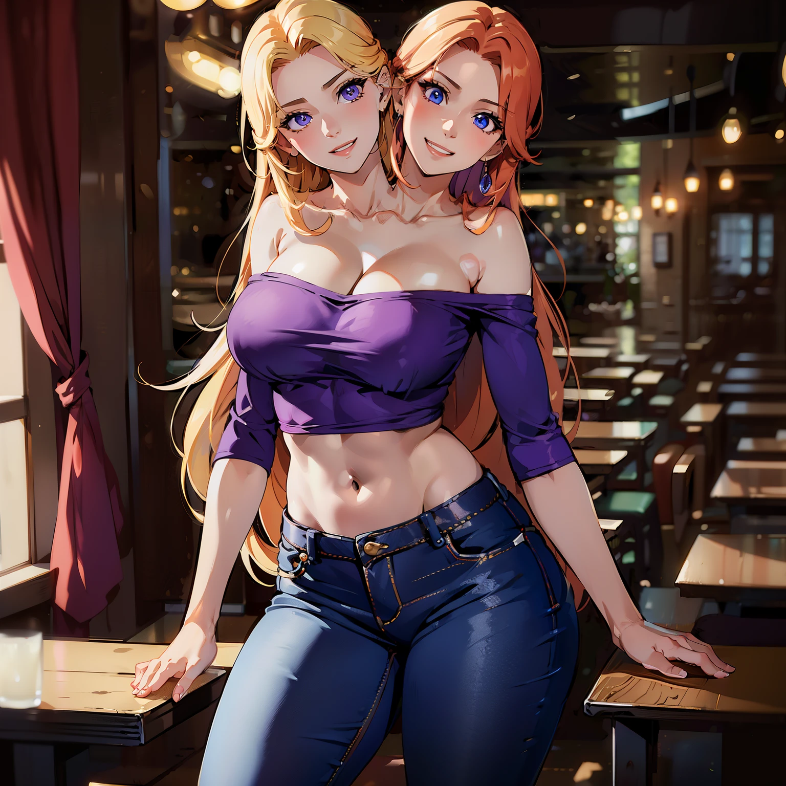 best quality, (masterpiece),(ultra-detailed), (high quality), (high resolution), (2heads:1.5) blonde hair, red hair (larger breasts), cleavage, best quality:1.5, highres, UHD, 4K), smiling, ((purple t shirt)), ((brown long jeans)), wearing heeled boots, (detailed glowing blue eyes), (mature woman), casual dress, sexy proportions, (exposed midriff), thighs, Beautiful girl with accentuated slender abs, eyeshadow