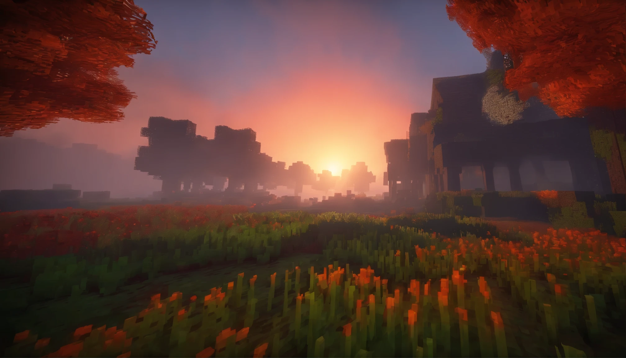 Minecraft landscape, fog, horror, field