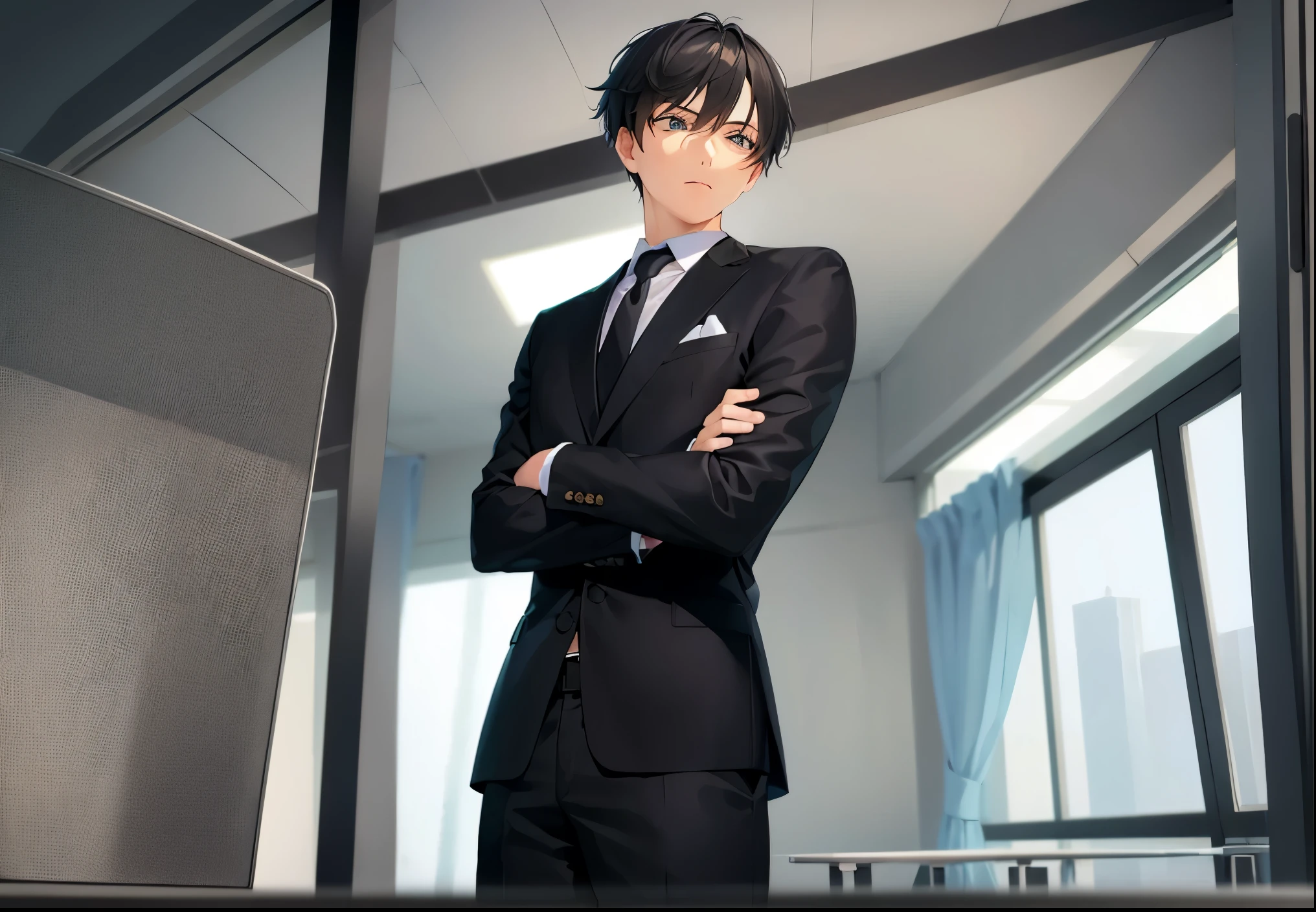 The background is an office、ceiling、window、curtain