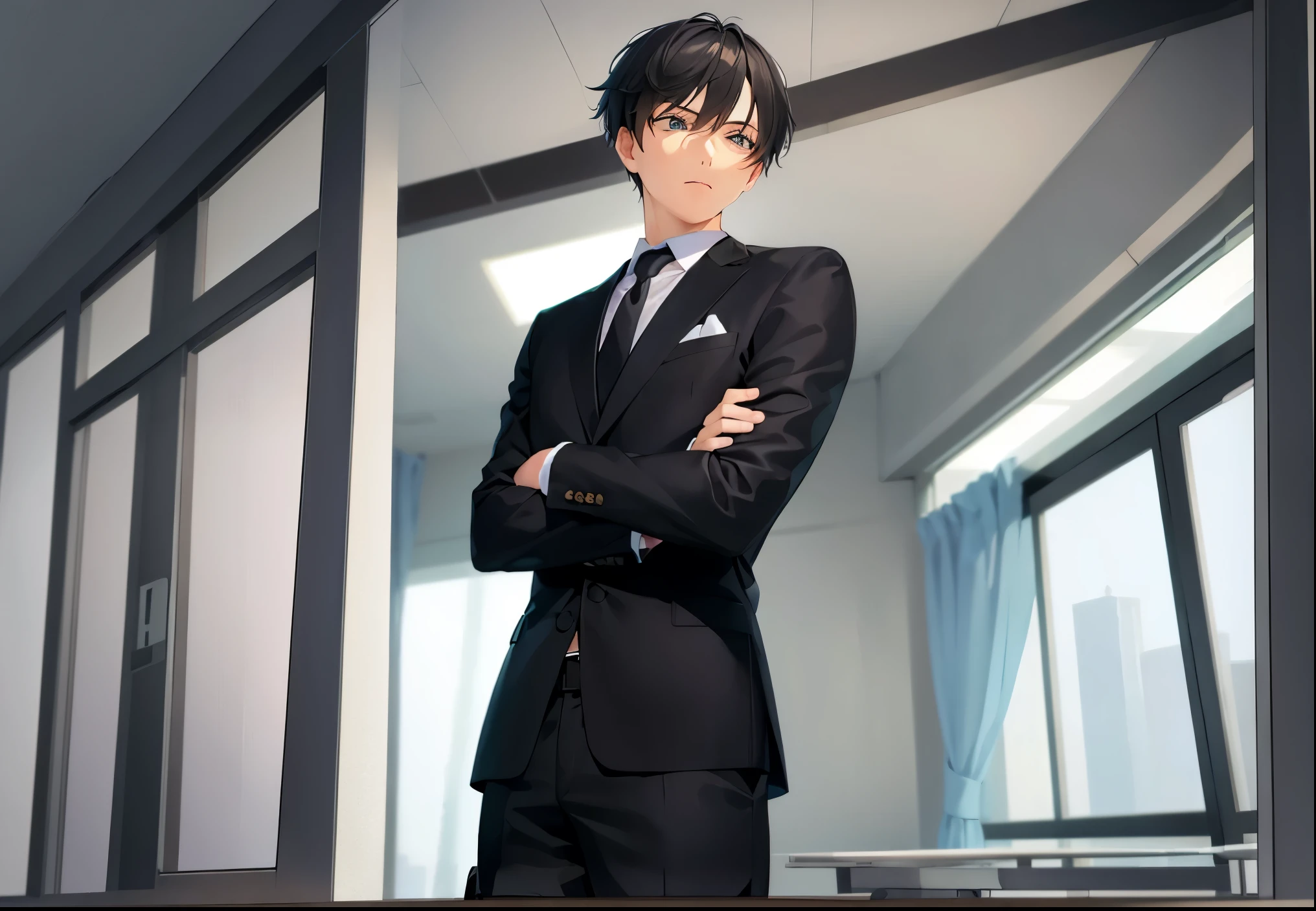 The background is an office、ceiling、window、curtain