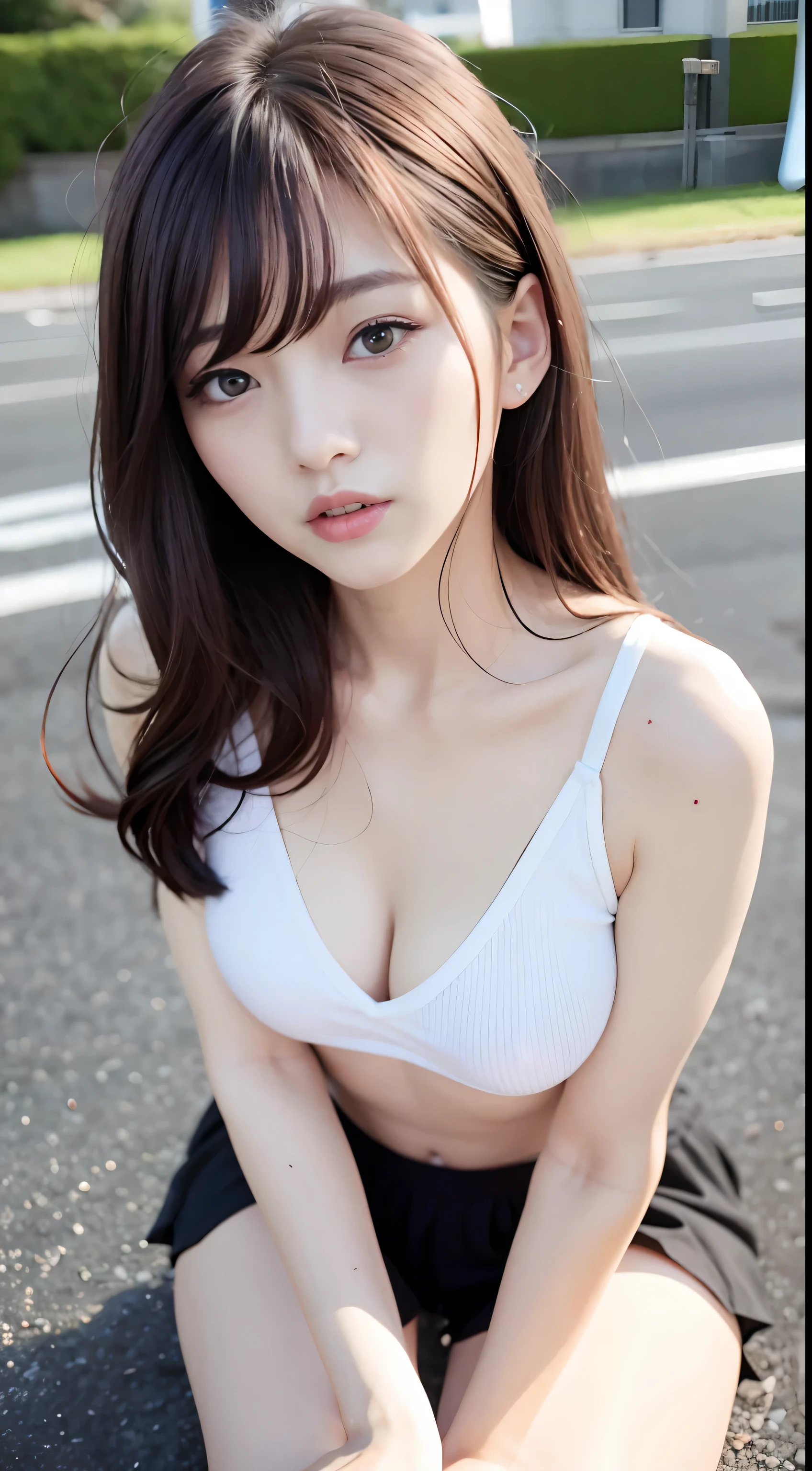 top quality、Super high resolution、(photorealistic:1.4)、(Oljan-6500:0.4)、Beauty、Korean Idols、18 year old、hair length、light brown hair、Clean and wavy hairstyle、、very small breasts、realistic eyes, Slim narrow eyes、Beautiful eyes、smile、croptop、Mothers、Wear a transparent shirt、mini skirt、to the streets、Squatting、Slim、A Slim、Fine body lines、Diagonal shot from above