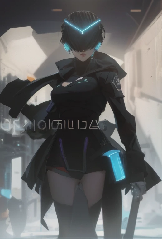 (masterpiece, best quality)), ((((perfect anatomy)))), Caucasian android woman with short silver hair, ((elaborate black dress)) (((white high cut leotard))), big butt, black eye-band, white and black gloves, digital black pattern background, (((realistic 3d animated movie art style)))