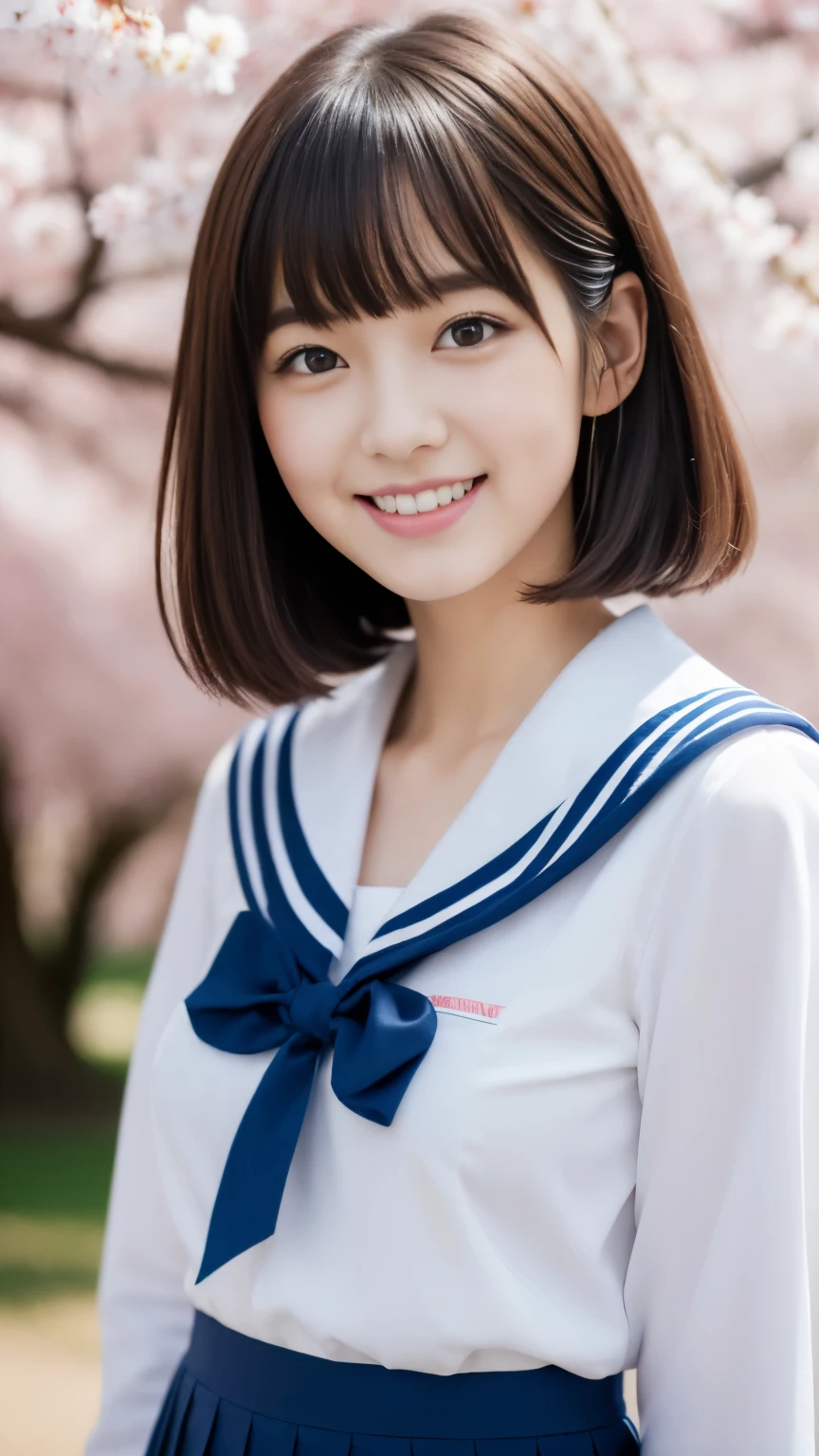 Close up of woman posing for photo, The most beautiful Japanese model, -yeld fee model, 4K、bangs、A dark-haired, slightly longer bob hair, Middle hair, Straight hair、(white shirt, Sailor School Uniform, Dark blue pleated skirt:1.2), (Super cute face in idol style:1.4), upper body, slim and beautiful figure, sexy, beautiful breast, A smile, The background is a row of cherry blossom trees, (RAW photo, best quality, masterpiece, ultra detailed, ultra high res, realistic),