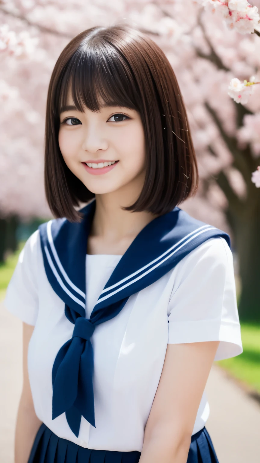 Close up of woman posing for photo, The most beautiful Japanese model, 16-year-old female model, 4K、bangs、A dark-haired, slightly longer bob hair, Middle hair, Straight hair、(white shirt, Sailor School Uniform, Dark blue pleated skirt:1.2), (Super cute face in idol style:1.4), upper body, slim and beautiful figure, sexy, beautiful breast, A smile, The background is a row of cherry blossom trees, (RAW photo, best quality, masterpiece, ultra detailed, ultra high res, realistic),