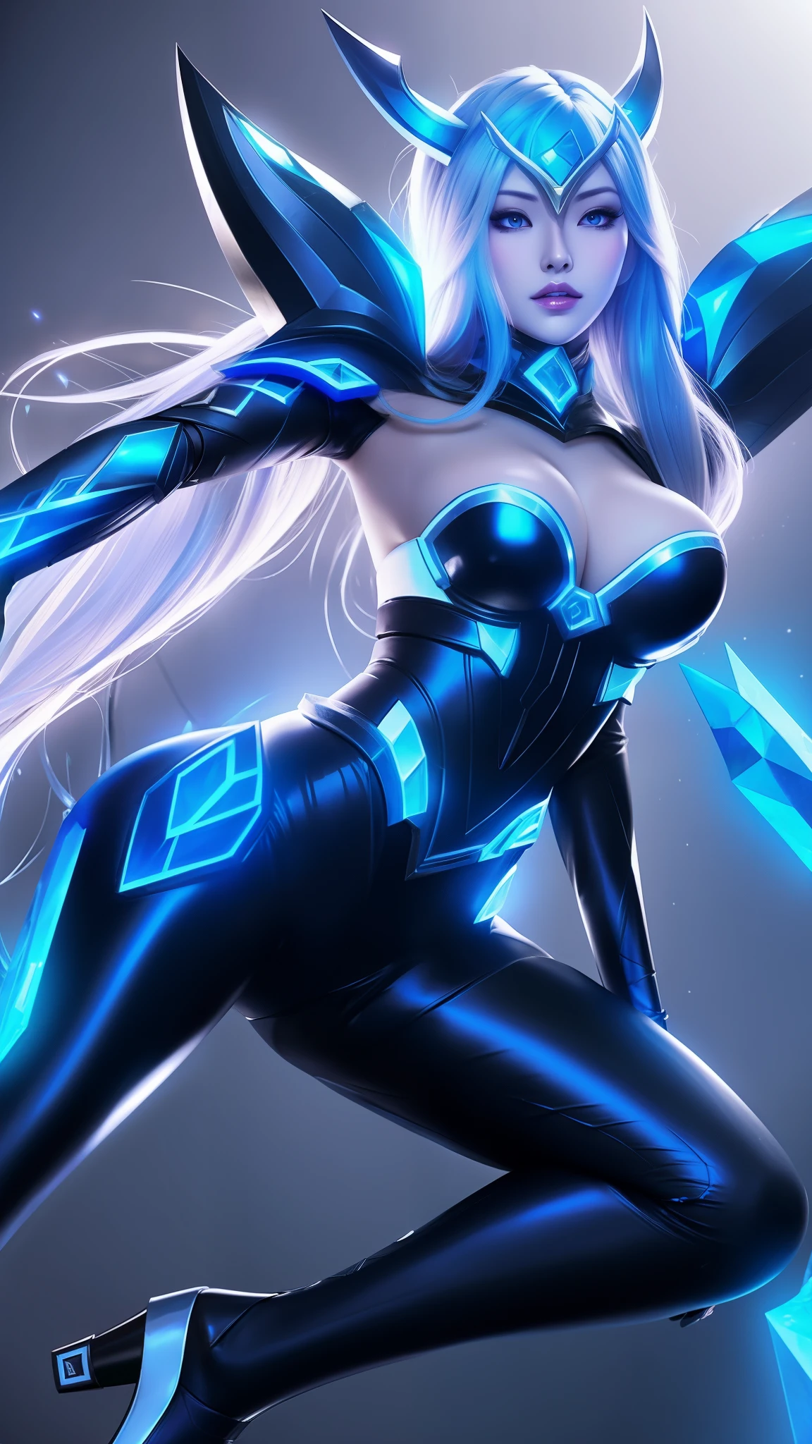 a woman in a black and blue outfit, irelia, irelia from league of legends, inspired by Leng Mei, orianna, crystalline skin, cyborg goddess in cosmos, extremely detailed artgerm, league of legends character, qiyana, sigma female, style league of legends, kda, samira from league of legends