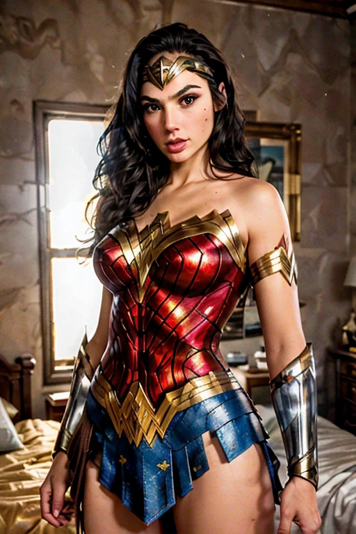 (best quality)), ((master part)), ((Realistic)), (circunstanciado, fotorrealista, ultra-detalhado, Absurdo), 1mulher Wonder Woman, cabelos longos, thin lips , olhos e rosto detalhados, rosto perfeito altamente detalhado, vestindo fantasia de mulher-maravilha (lora:Wonder woman:1.2), casa, interior, cama, noite escura, night the moon, Front view, Top-down view, na cama, deitada sobre a cama, foco: pose sexy:1.2, clouseup:1.4,
