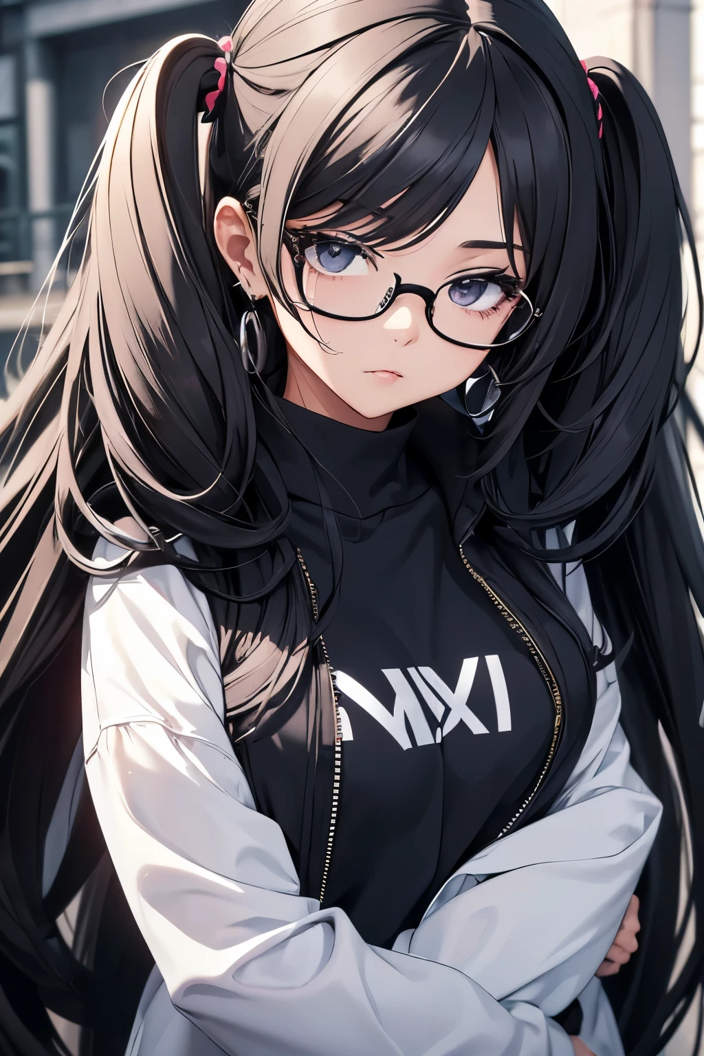 ((Image setting: masterpiece, best quality, aspect ratio 16:9, resolution 8k, ultra-detailed))

One girl, age 25, radiates an ethereal complexion,
Black twintail hair cascades down in soft waves,
A strong and endearing girl, piercing black eyes gleam,
An aura of melancholy lingers, like a distant dream,
Her eyeglass accessories boast sleek black frames, stylish and chic,
Attired in a stylish black streetwear hoodie, which hugs her slender frame,
Perfectly paired with a blue denim jacket, adding an edgy touch