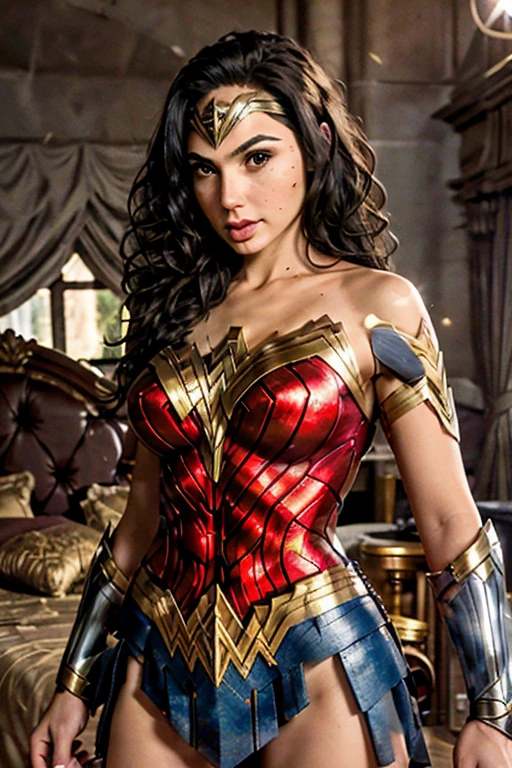 (best quality)), ((master part)), ((Realistic)), (circunstanciado, fotorrealista, ultra-detalhado, Absurdo), 1mulher Wonder Woman, cabelos longos, thin lips , olhos e rosto detalhados, rosto perfeito altamente detalhado, vestindo fantasia de mulher-maravilha (lora:Wonder woman:1.2), casa, interior, cama, noite escura, night the moon, Front view, Top-down view, na cama, deitada sobre a cama, foco: pose sexy:1.2, clouseup:1.4,
