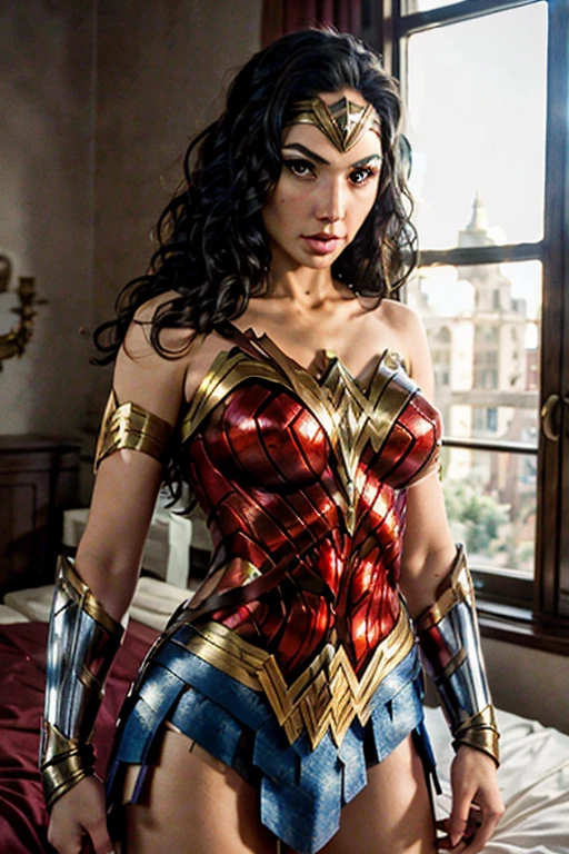 (best quality)), ((master part)), ((Realistic)), (circunstanciado, fotorrealista, ultra-detalhado, Absurdo), 1mulher Wonder Woman, cabelos longos, thin lips , olhos e rosto detalhados, rosto perfeito altamente detalhado, vestindo fantasia de mulher-maravilha (lora:Wonder woman:1.2), casa, interior, cama, noite escura, night the moon, Front view, Top-down view, na cama, deitada sobre a cama, foco: pose y:1.2, clouseup:1.4,