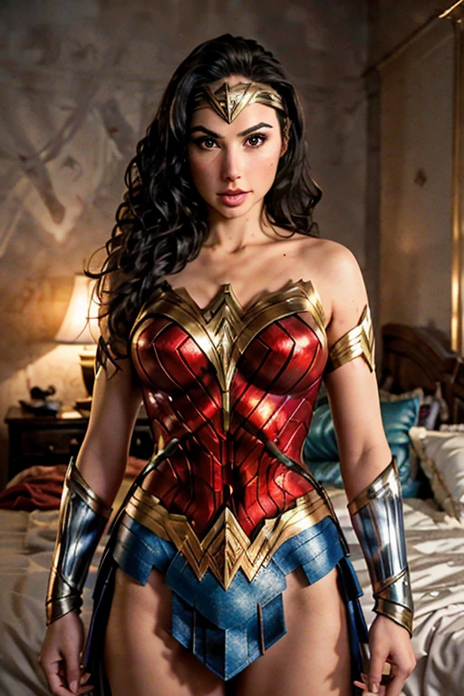 (best quality)), ((master part)), ((Realistic)), (circunstanciado, fotorrealista, ultra-detalhado, Absurdo), 1mulher Wonder Woman, cabelos longos, thin lips , olhos e rosto detalhados, rosto perfeito altamente detalhado, vestindo fantasia de mulher-maravilha (lora:Wonder woman:1.2), casa, interior, cama, noite escura, night the moon, Front view, Top-down view, na cama, deitada sobre a cama, foco: pose sexy:1.2, clouseup:1.4,