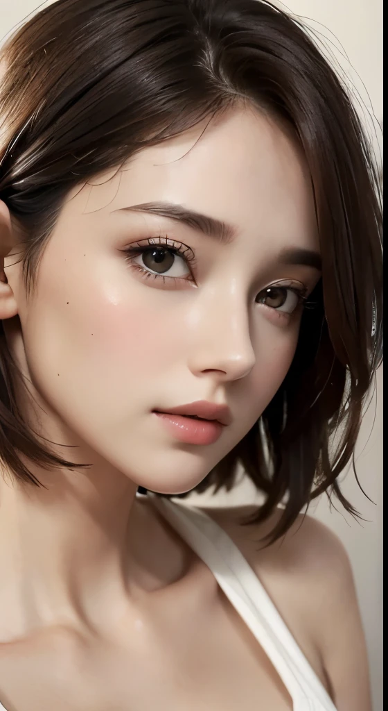 (masterpiece、highest quality、photorealistic、High resolution、photograph、:1.3)、close up shot、sharp focus、one brunette girl、30 years old mature woman、small face、natural makeup、hot models、Highly detailed eyes and pupils、realな肌、slim body shape、Bust B Cup、、cleavage、short cut hair、dark brown hair、delicate face、Sensual gaze、glossy lips、((Wearing a Henry shirt))、The background is、gray、((real、超real、realism、realなディテール))