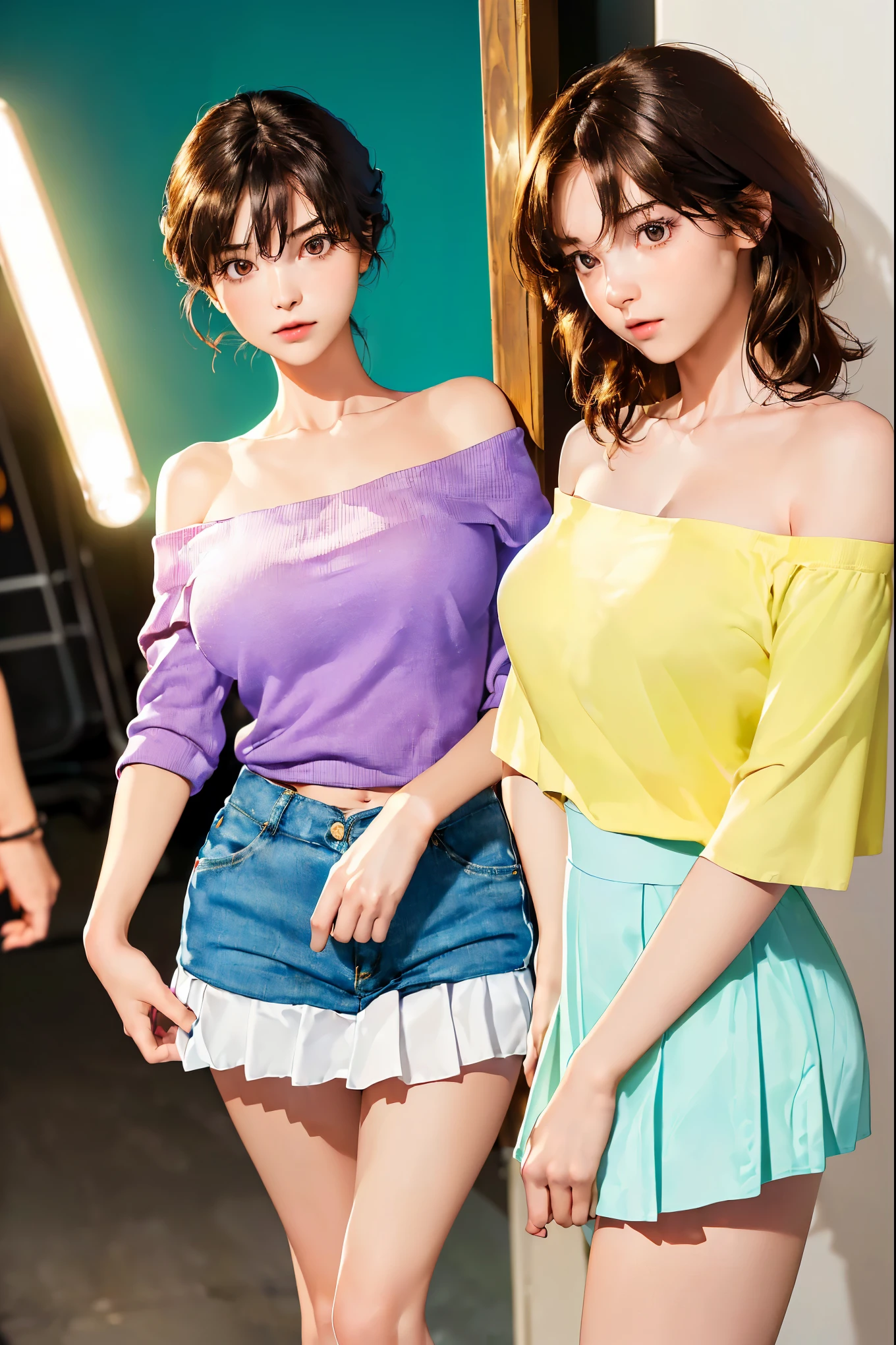 best quality, ultra high resolution, masterpiece, (lifelike:1.4), focus only, (Skinny body huge breasts young woman:1.3), photography, (Medium wide-angle lens short legs:1.3), Three-quarters view pose, (Cinema lighting:1.2), energetic, Bright colors, Detailed face, delicate eyes, Random hairstyle, (off-the-shoulder shirts, mini skirt:1.2), (random location, Random season, Random weather:1.1)