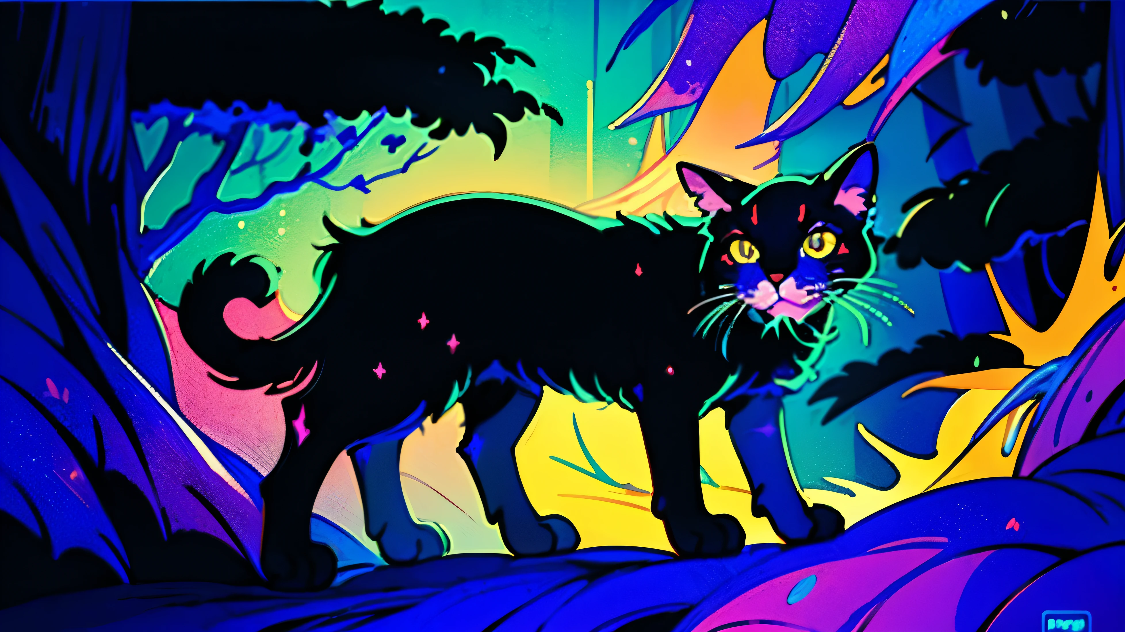 a digital painting of a cute all black cat, with yellow eyes, in colorful mystical forest, art by Josan Gonzalez, behance contest winner, glowing neon, high quality, ULTRA HD, 4K