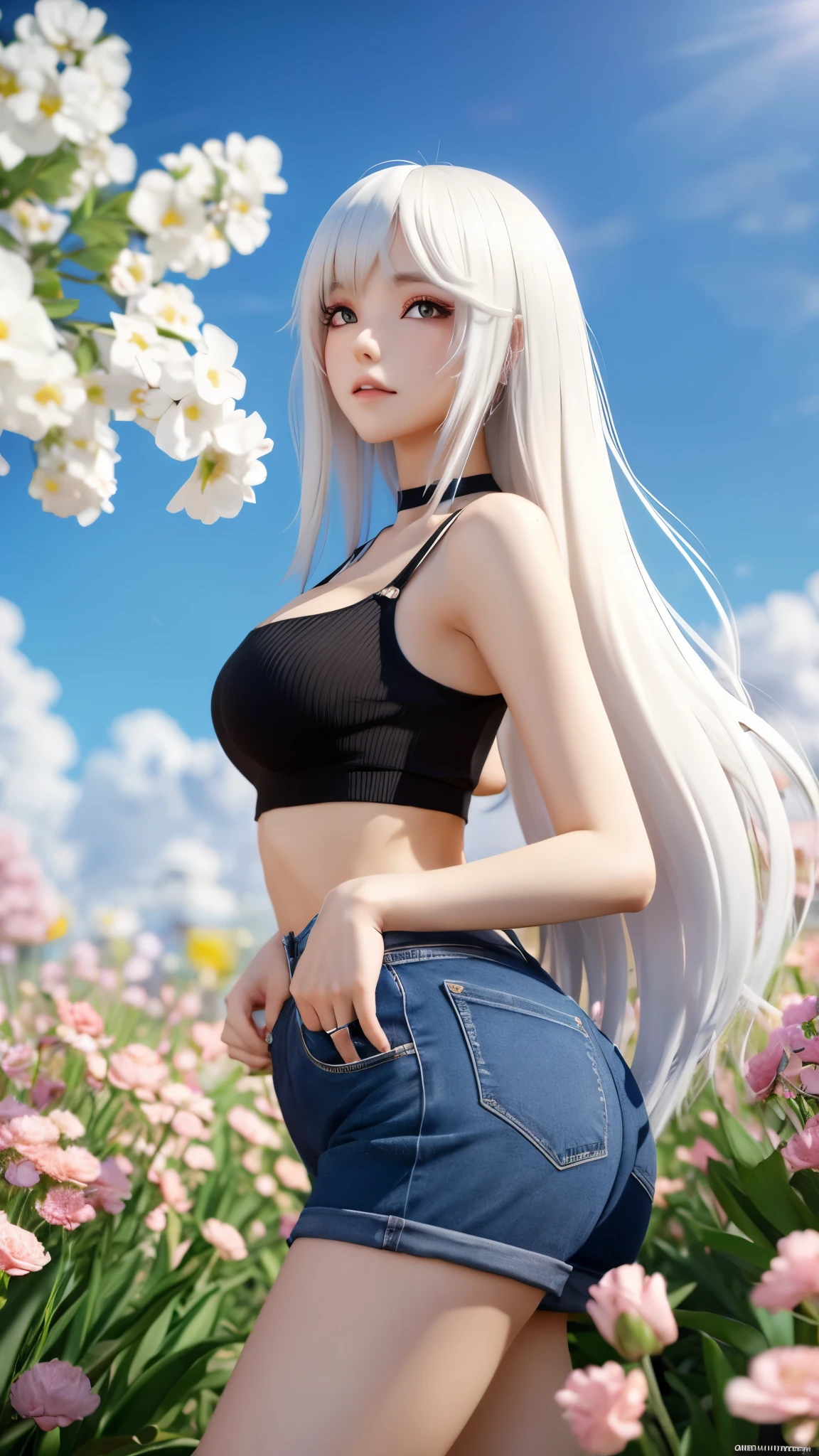 Anime girl with long white hair posing in front of flowers, realistic shadows perfect body, realistic art style, perfectly shaded body, Realistic anime 3d style, white haired tifa lockhart, hyperrealistic shadows, photorealistic art style, 🌺 cgsociety, realistic shadows, very detailed anime, anime styled 3d, wearing sexy crop tops, anime style. 8K、nsfw, (spread pussy:1.3),uterus,urethra,crotch grab,