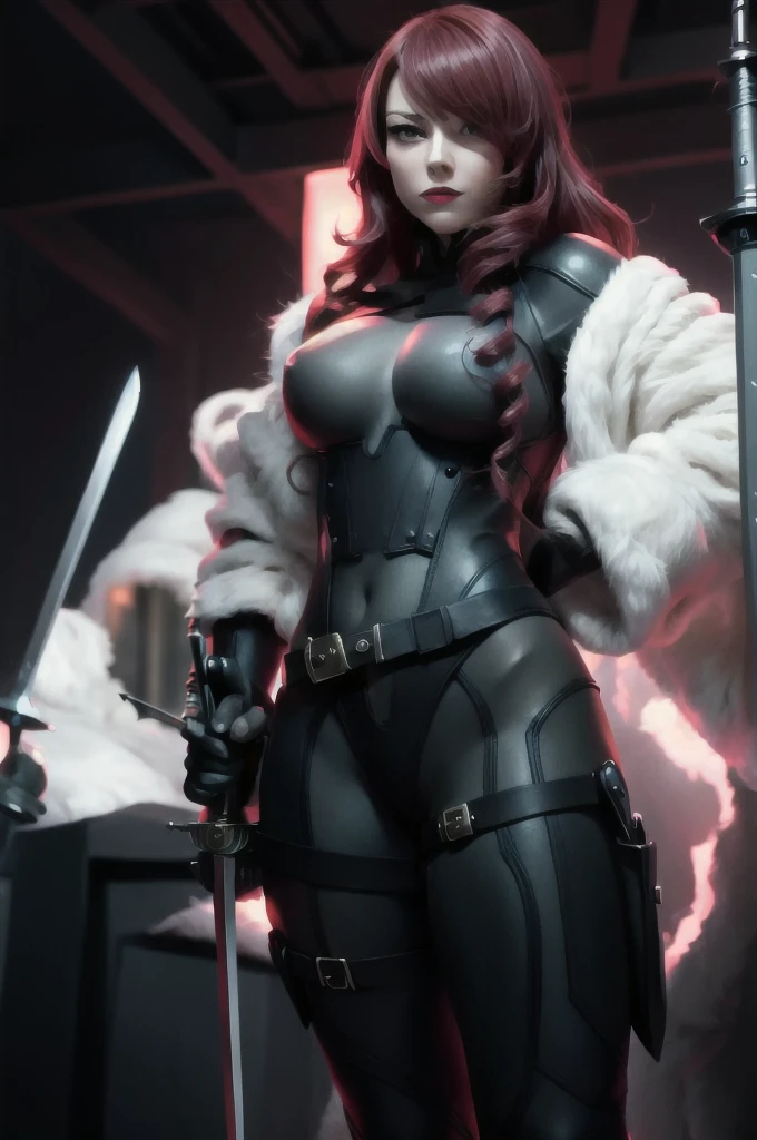 a woman with red lipstick has armor on and is holding a sword, kirijou mitsuru, 1girl, solo, hair over one eye, long hair, (((red hair))), (((red eyes))), weapon, rapier, sword, bodysuit, black bodysuit, grey bodysuit, hand on hip, (((large breasts))), simple background, white background, (purple theme:1.2)