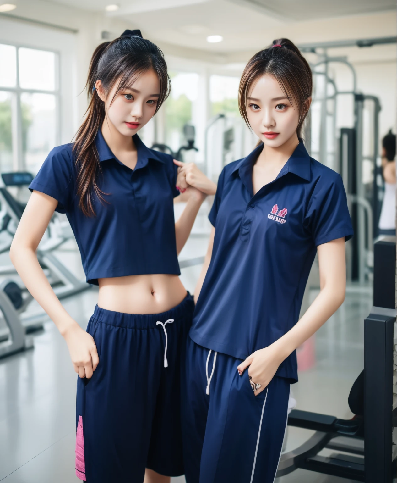 2 girls in fitness center, Navy blue short-sleeved shirt,Navy Long Trackpant,Sweatpants, Sweatpantsขายาว,25 year old girl, lesbian, sexy, exercise clothes, wet body, exercise clothes