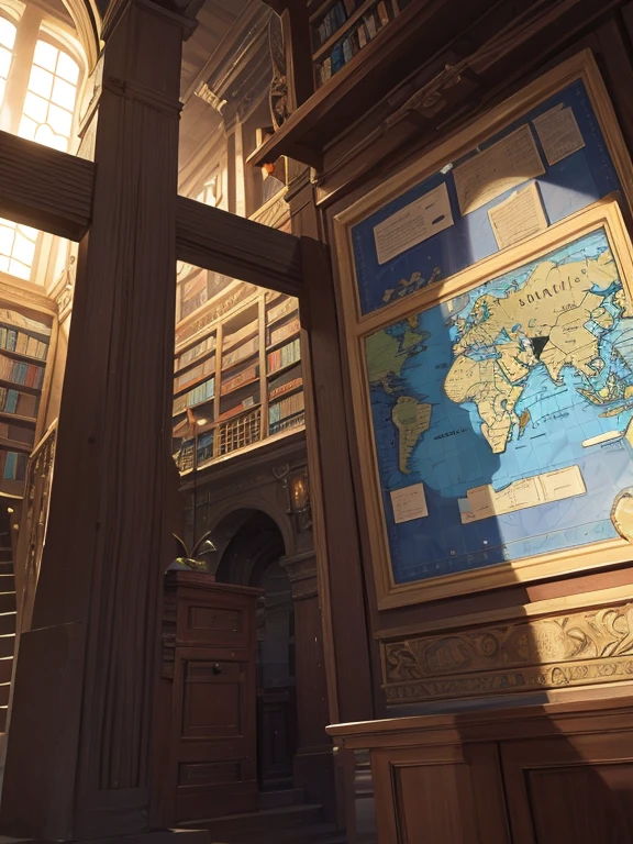 Extreme detail, masterpiece, ancient library, (secret map):1.4, hidden city, adventurous explorer, mysterious journey, legendary discovery