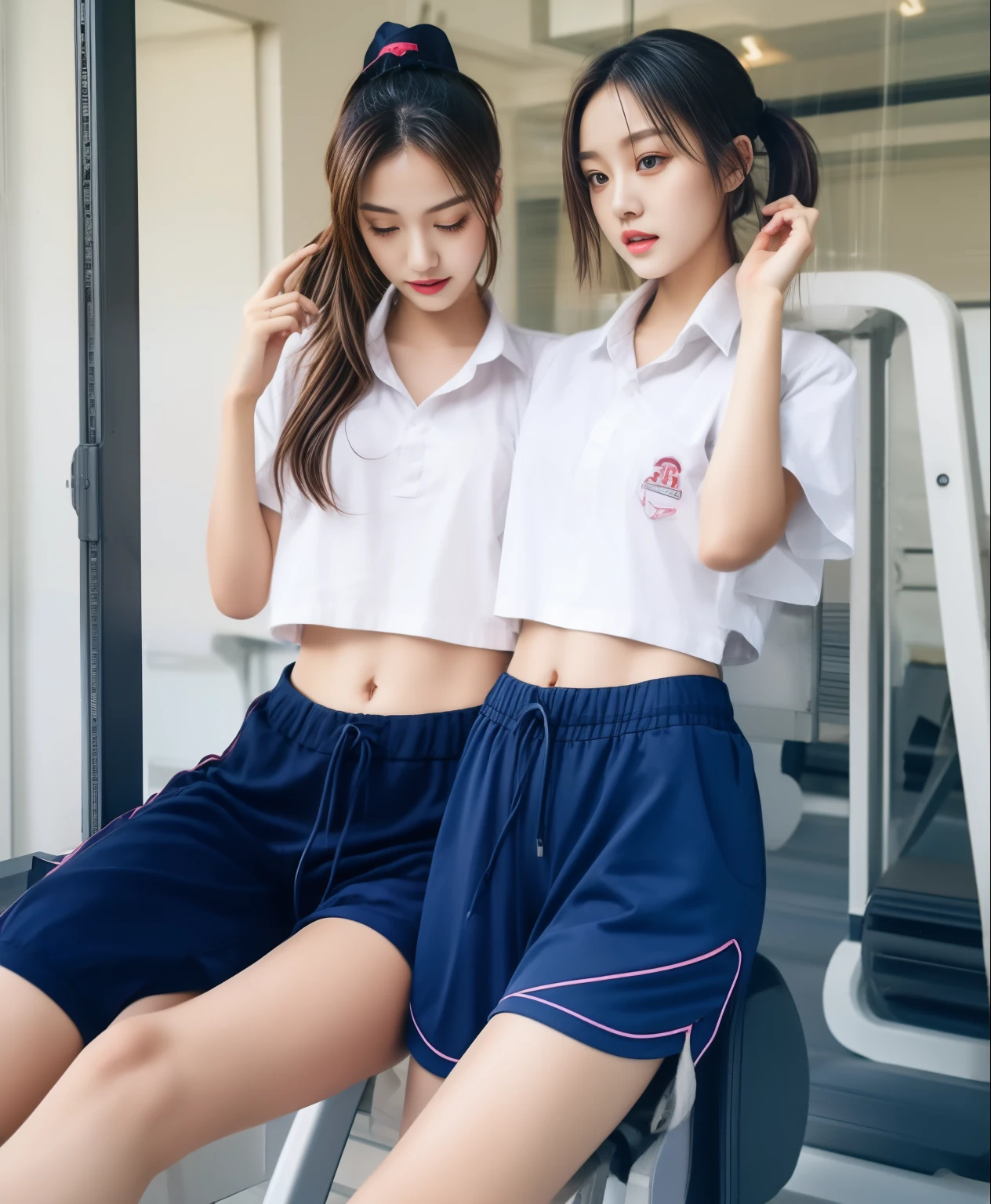 2 girls in fitness center, Navy blue short-sleeved shirt,Navy Long Trackpant,Sweatpants, Sweatpantsขายาว,25 year old girl, lesbian, sexy, exercise clothes, wet body, exercise clothes